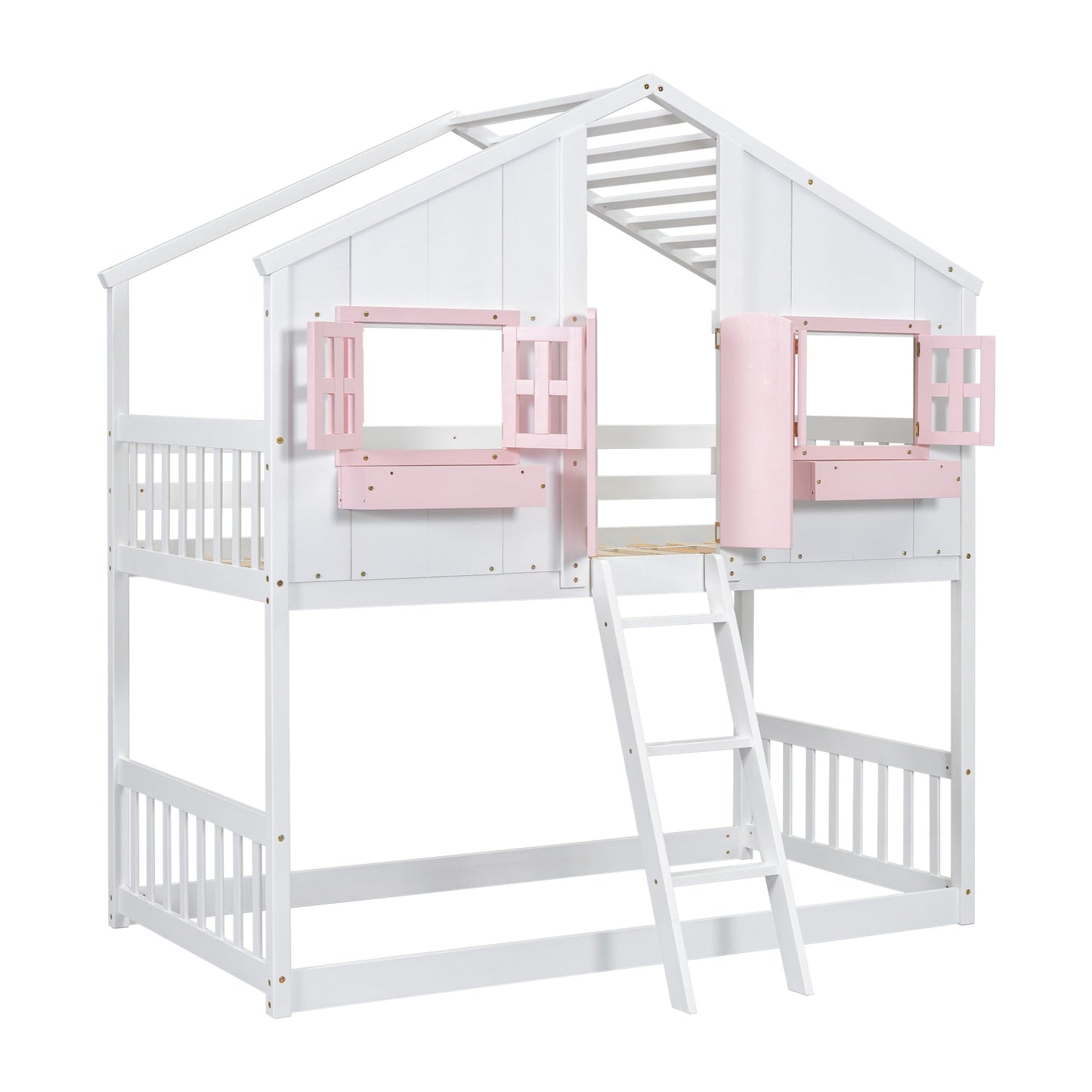 Twin over Twin House Bunk Bed with Roof , Window, Window Box, Door , with Safety Guardrails and Ladder, Pink/White - Korvel