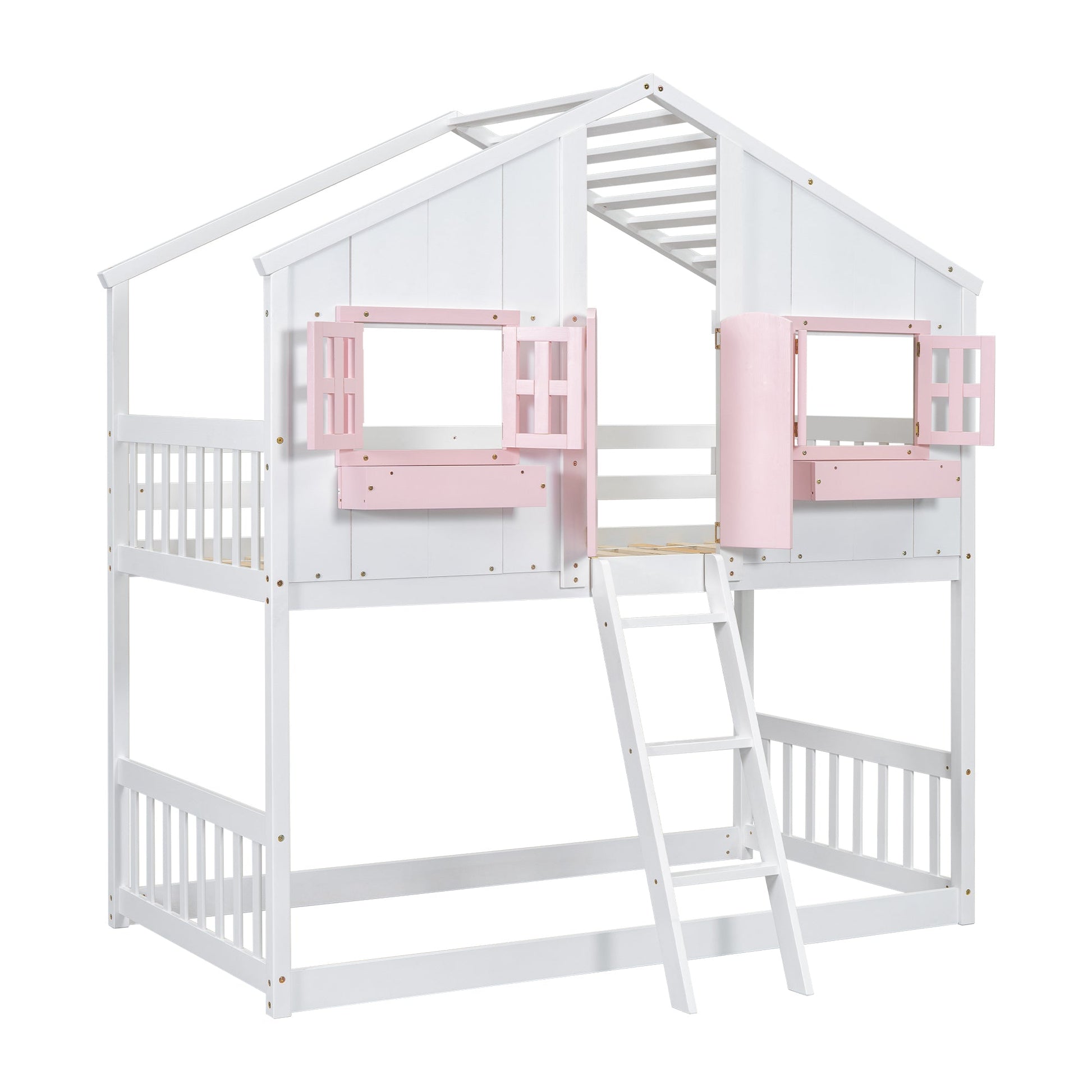 Twin over Twin House Bunk Bed with Roof , Window, Window Box, Door , with Safety Guardrails and Ladder, Pink/White - Korvel
