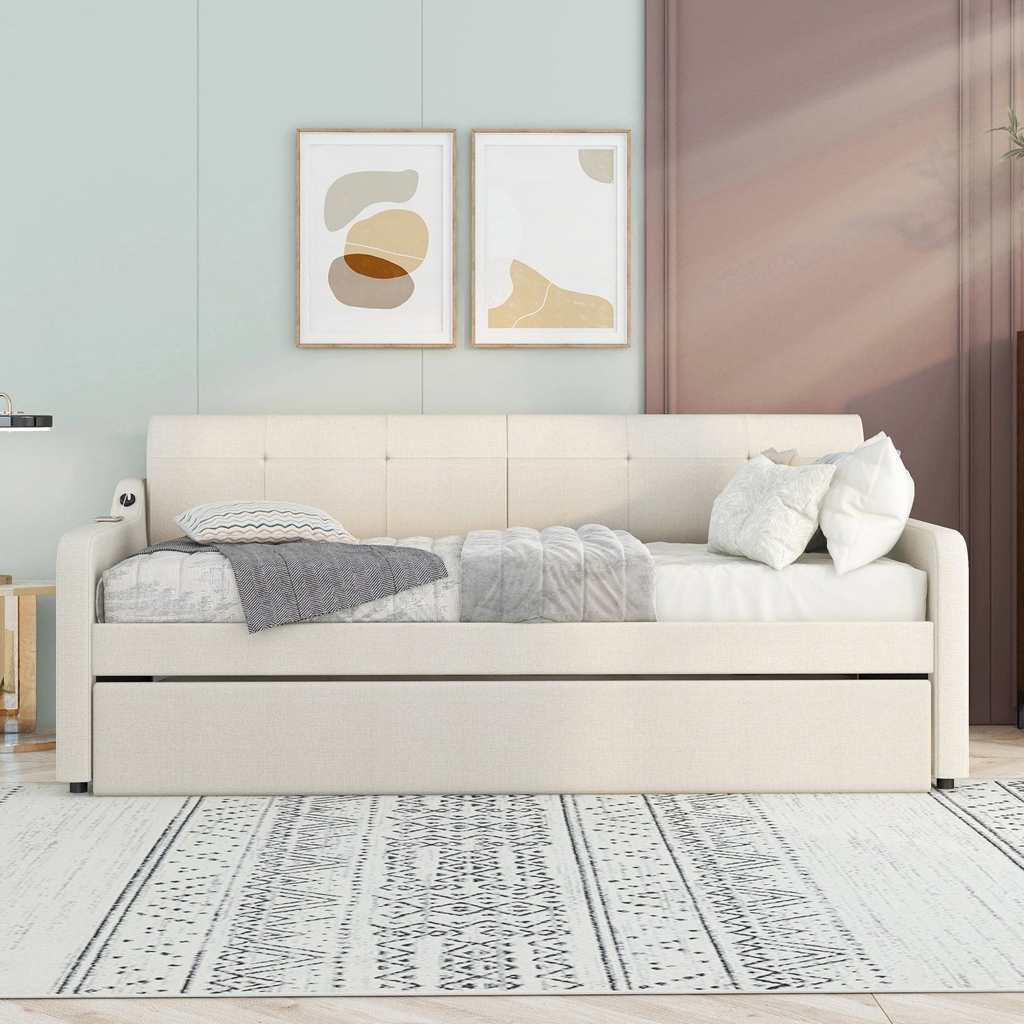 Twin Size Upholstery Daybed with Trundle and USB Charging Design Trundle can be flat or erected Beige - Korvel