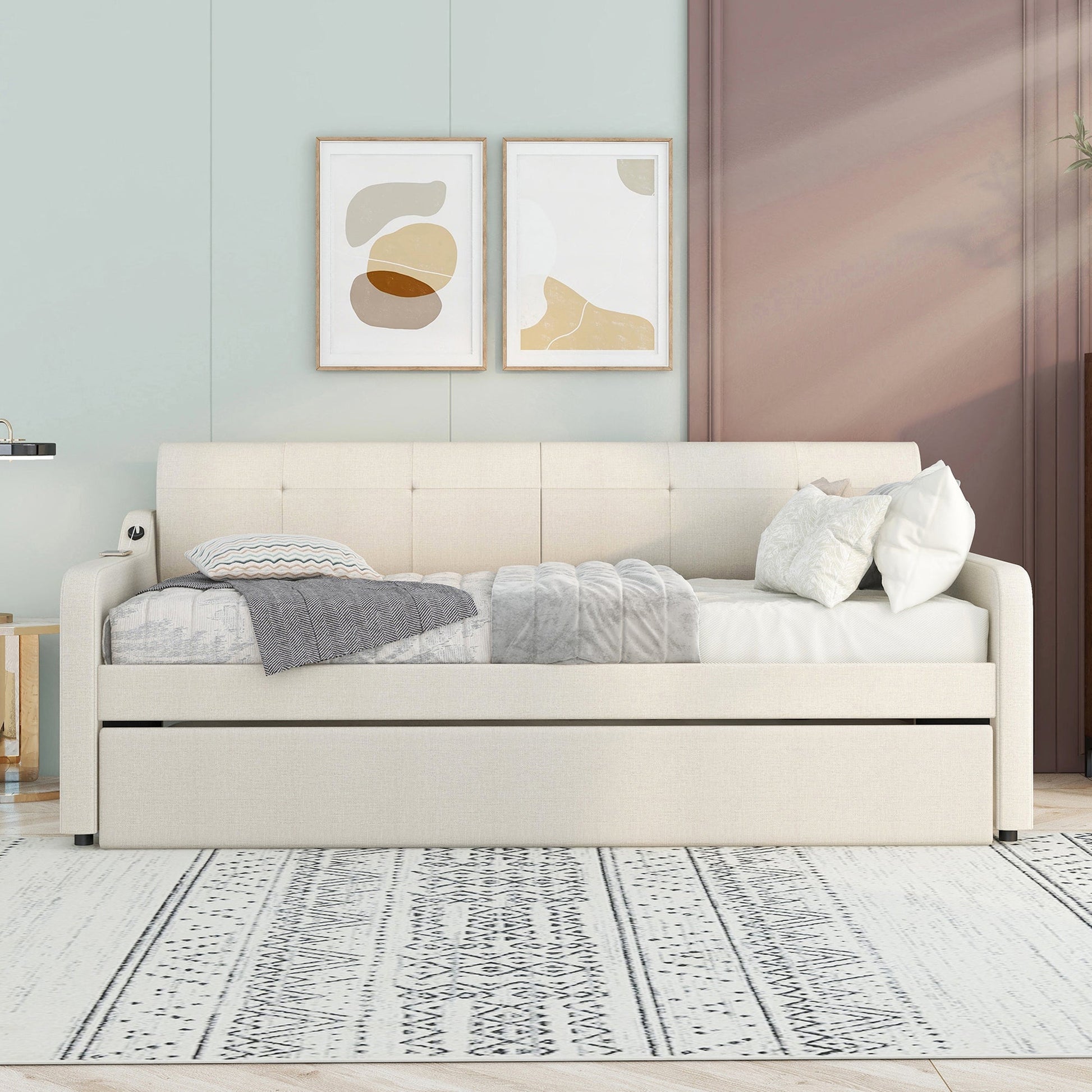 Twin Size Upholstery Daybed with Trundle and USB Charging Design Trundle can be flat or erected Beige - Korvel
