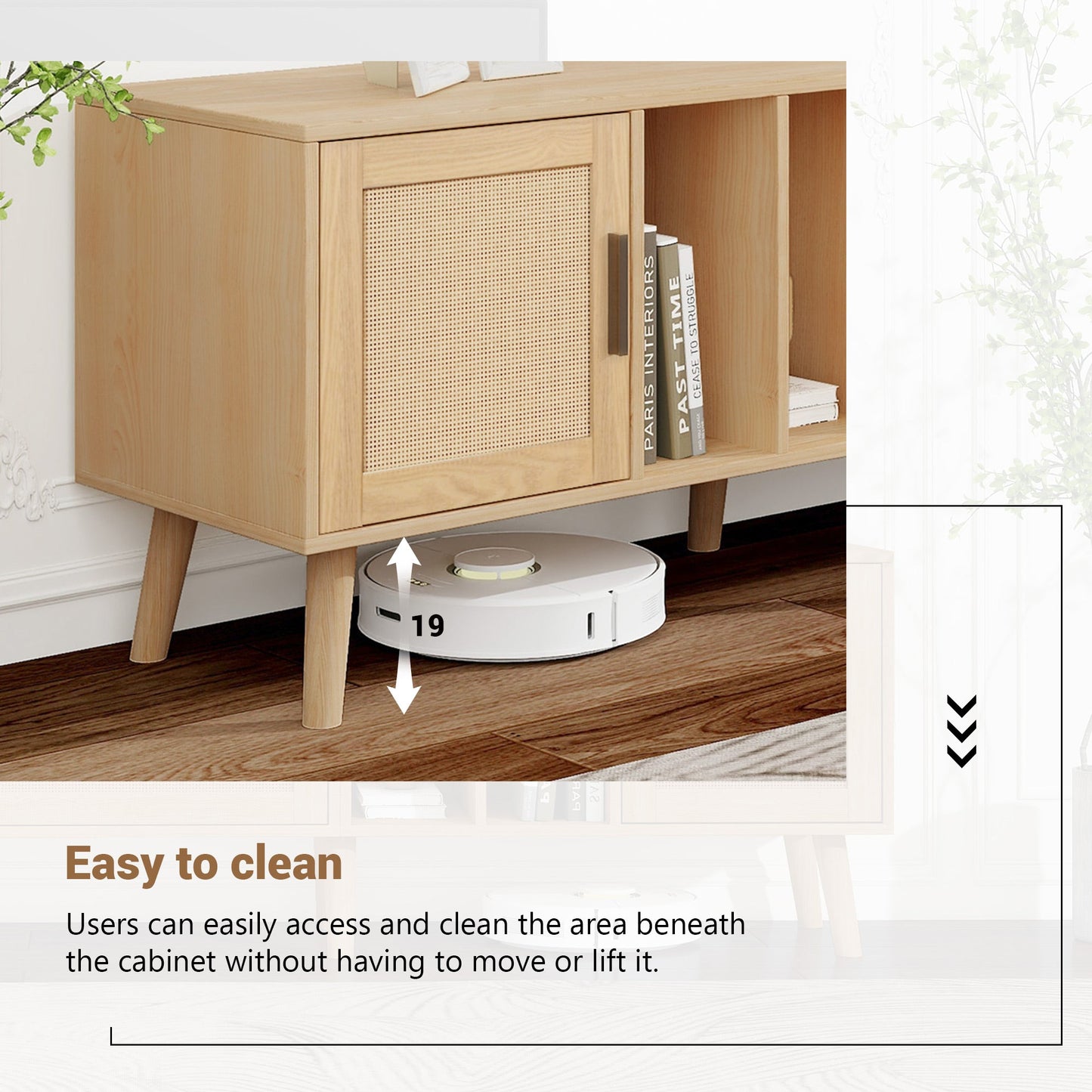 Vine TV stand with 2 cabinets and 2 open shelves, suitable for TVs under 80 inches, with solid wood legs for TV cabinets - Korvel