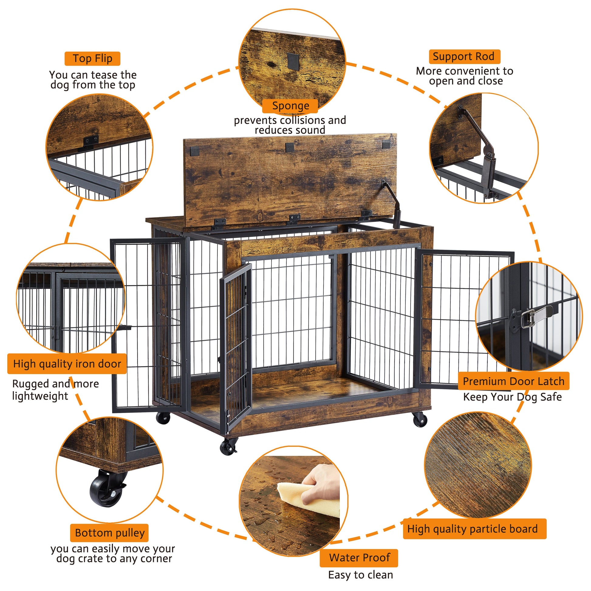 Furniture Style Dog Crate Side Table on Wheels with Double Doors and Lift Top. Rustic Brown, 31.50'' W x 22.05'' D x 25'' H. - Korvel