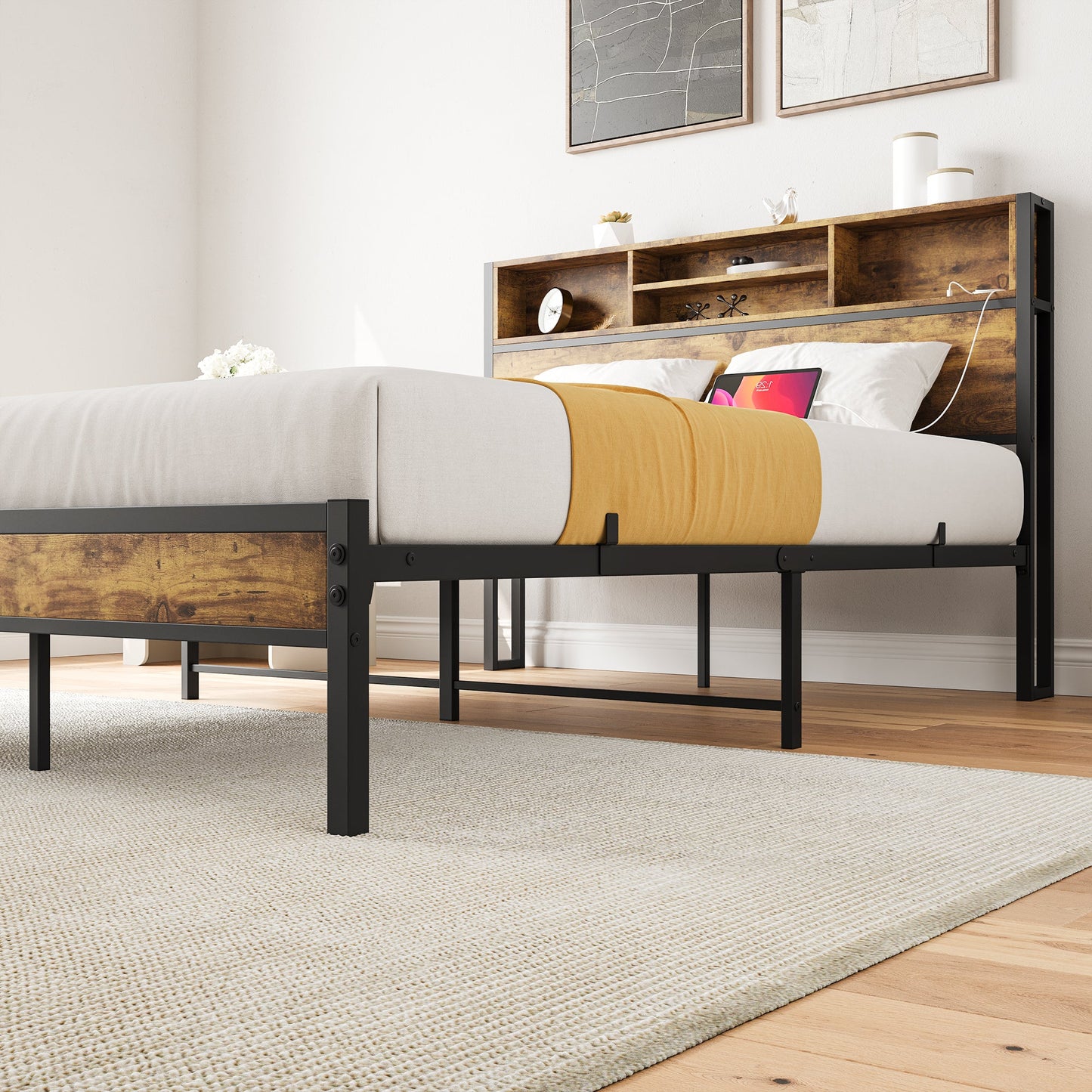 Full Size Bed Frame with Storage Headboard Metal Platform Bed with Charging Station Black - Korvel