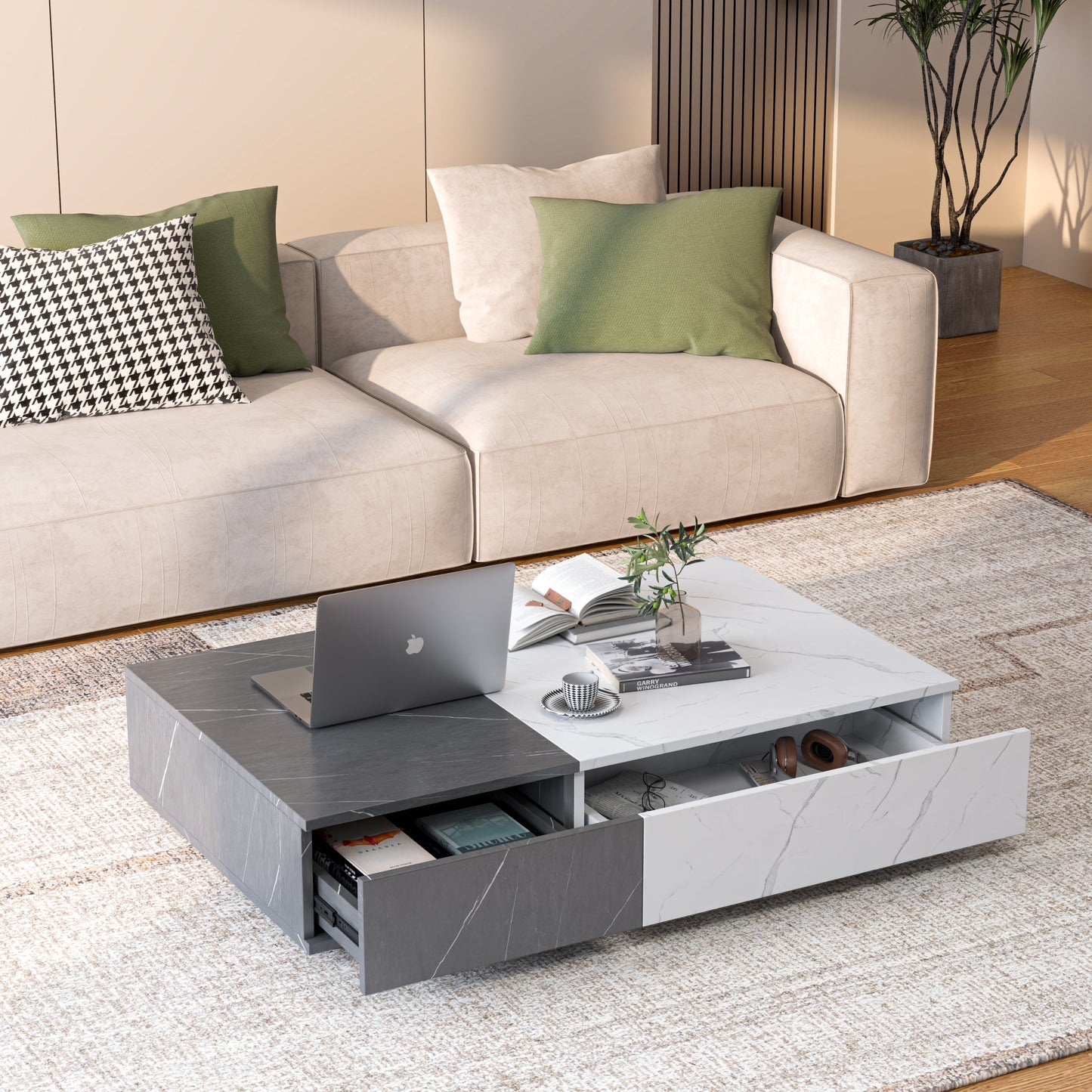 Modern style black and white coffee table with two storage spaces - Korvel