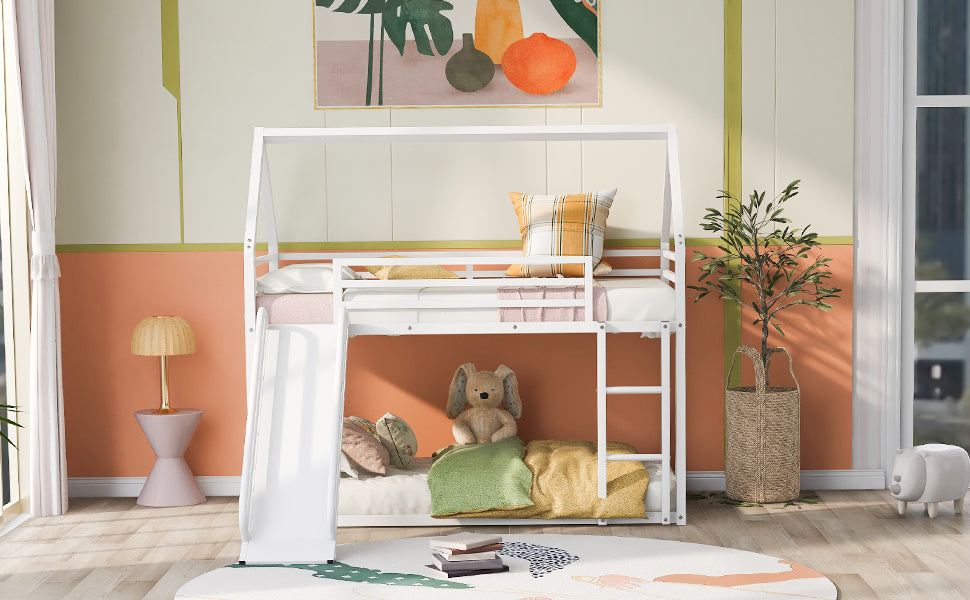 Twin over Twin House Bunk Bed with Ladder and Slide,White - Korvel