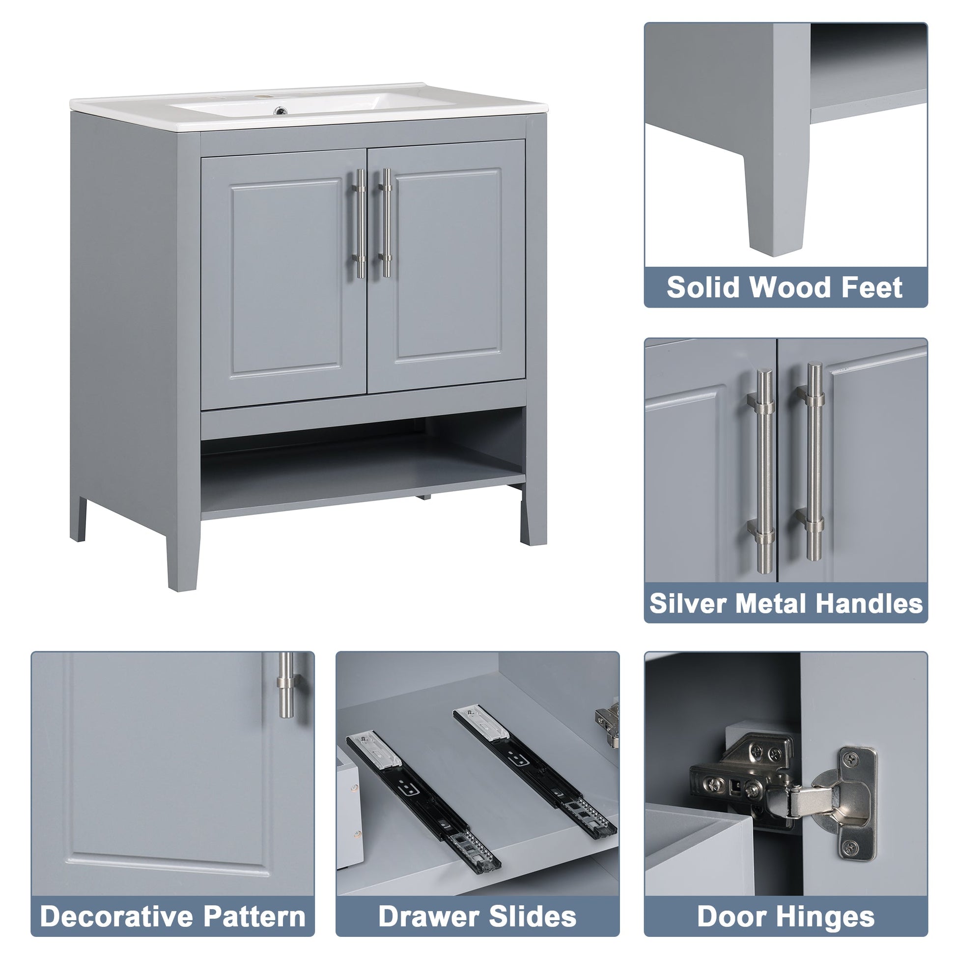 30" Bathroom Vanity with Sink, Multi-functional Bathroom Cabinet with Doors and Drawers, Solid Frame and MDF Board, Grey - Korvel