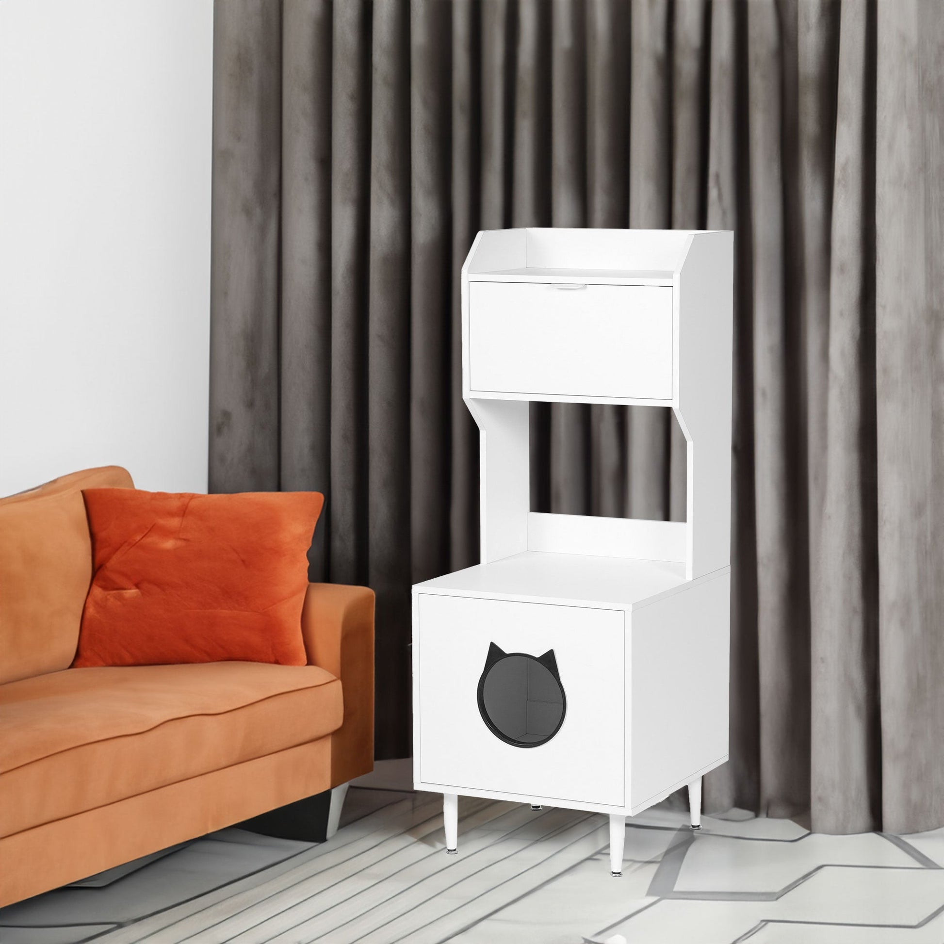 White wooden hidden cat trash can with rack and trash can shell, indoor cat house pet box, storage cabinet - Korvel