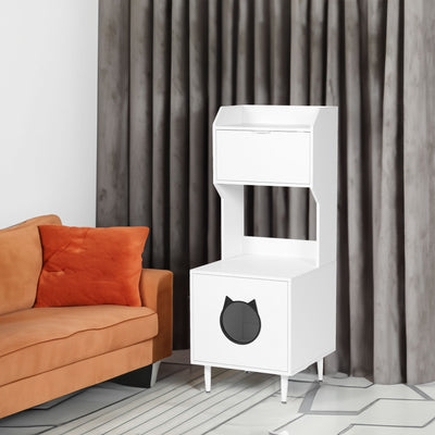 White wooden hidden cat trash can with rack and trash can shell, indoor cat house pet box, storage cabinet - Korvel