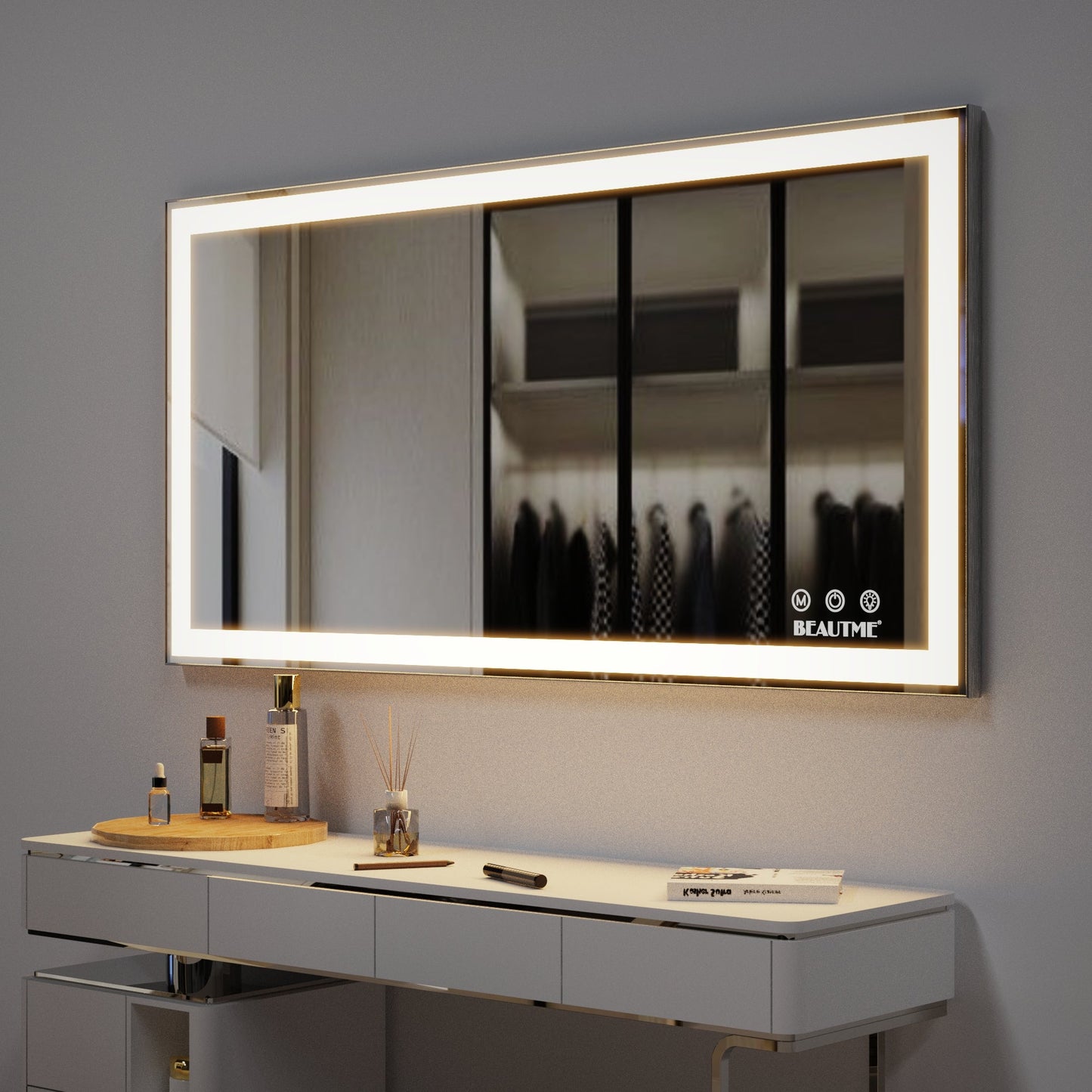 48x24 inch LED bathroom makeup mirror wall mounted adjustable light anti fog touch switch with memory intelligent large bathroom - Korvel
