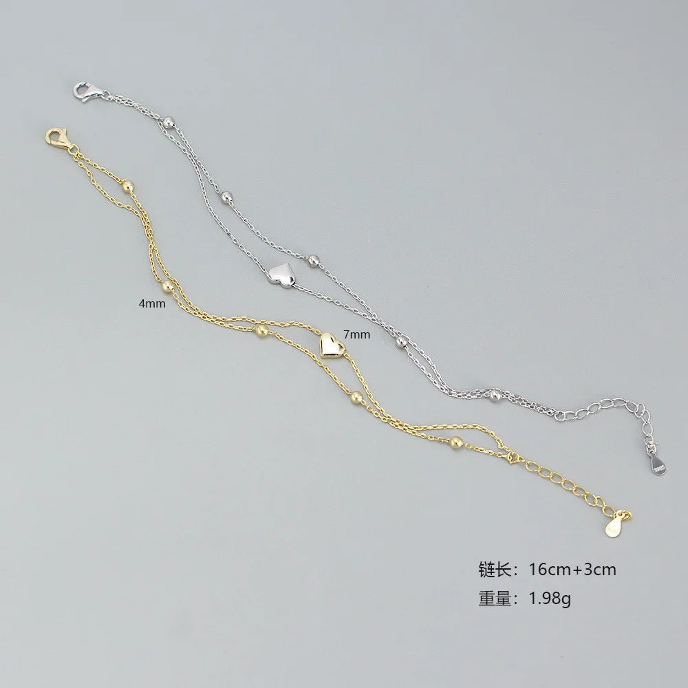 925 Sterling Silver Double Layer Heart-shaped Bracelet  for Women Girl Korean Style Small Fresh Summer Bracelet - Korvel