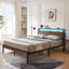 Large metal platform bed frame with wooden headboard and footboard with USB LINER and LED lights - Korvel