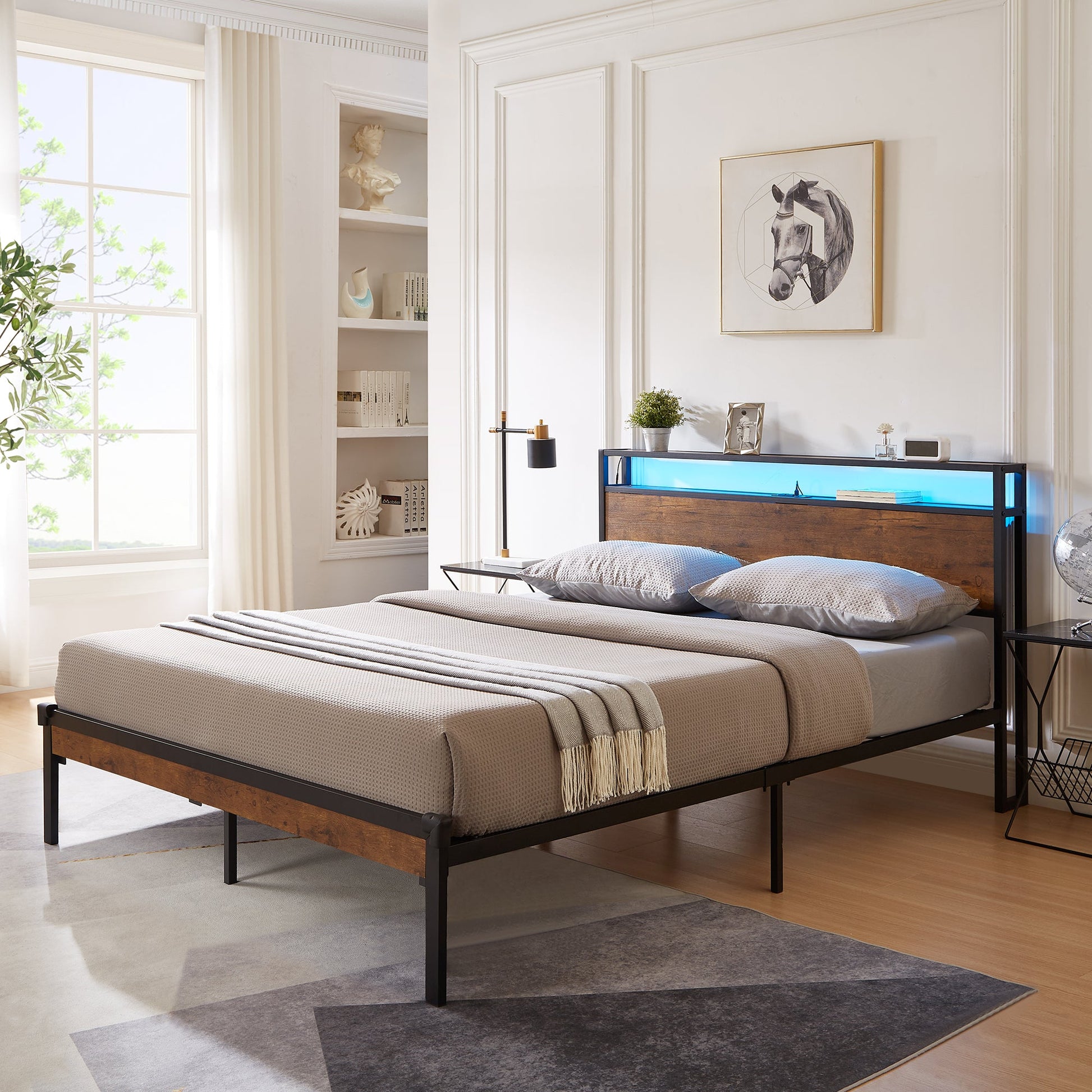 Large metal platform bed frame with wooden headboard and footboard with USB LINER and LED lights - Korvel