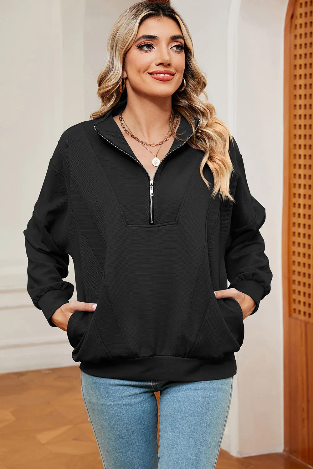 Solid Color Zipper Long Sleeve Pullover Sweatshirt for Women