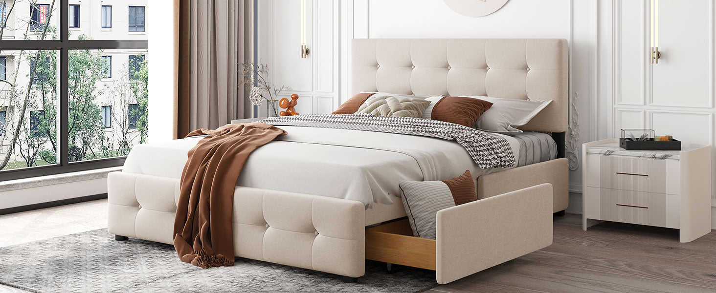 Upholstered Platform Bed with Classic Headboard and 4 Drawers No Box Spring Needed Linen Fabric Queen Size Beige - Korvel