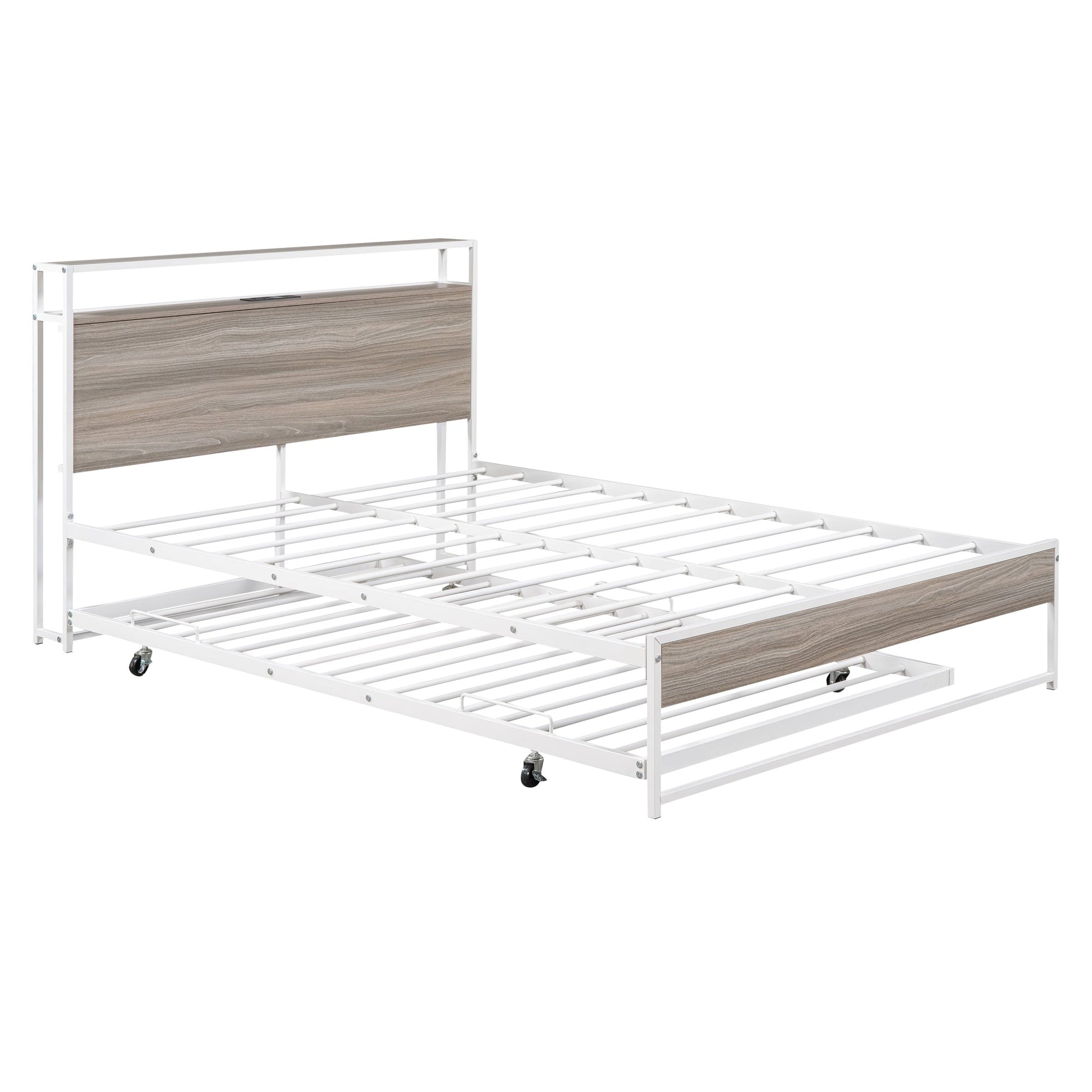Full Size Metal Platform Bed Frame with Trundle, USB Ports and Slat Support No Box Spring Needed White - Korvel