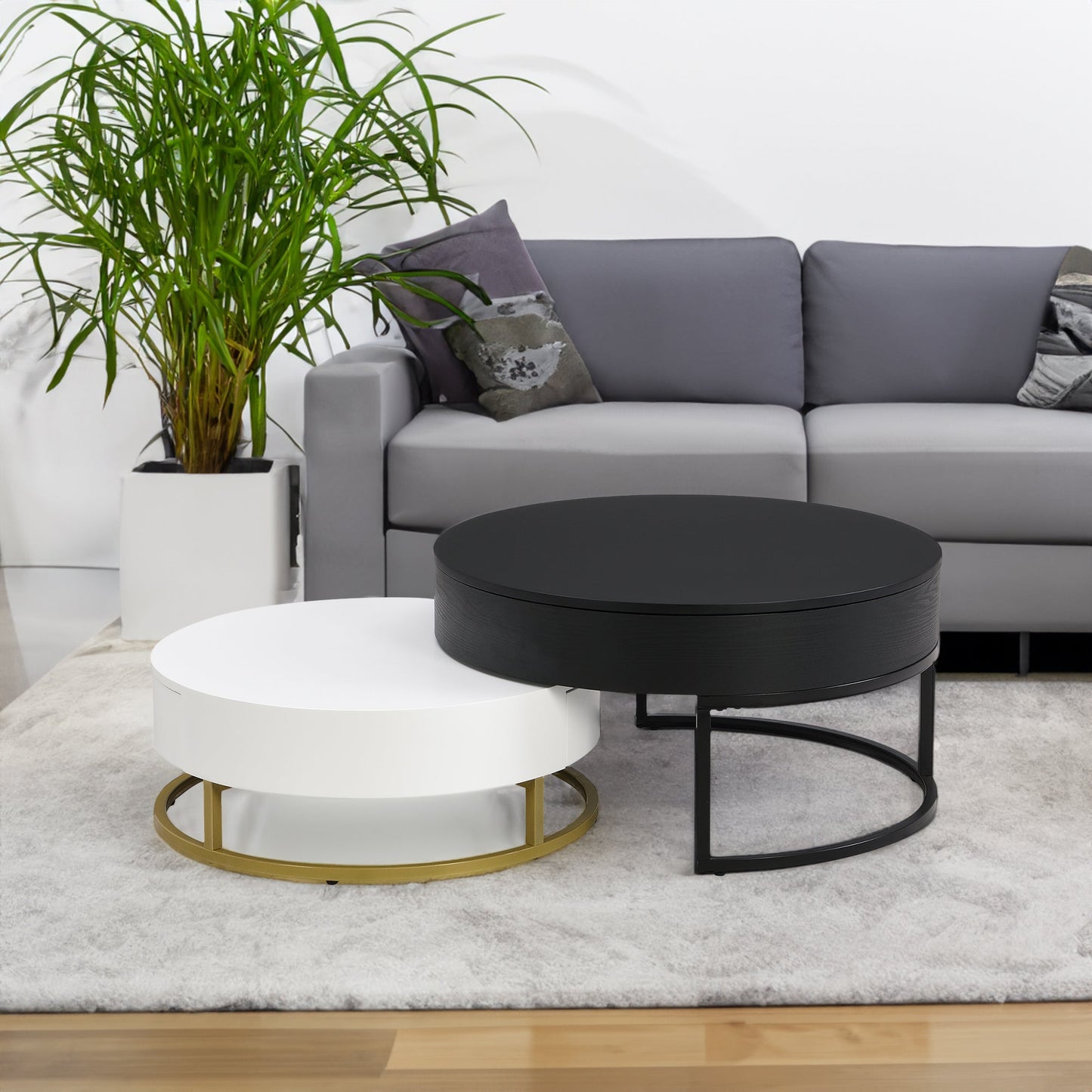 Tables basses empilables rondes modernes avec plateau relevable et tiroirs