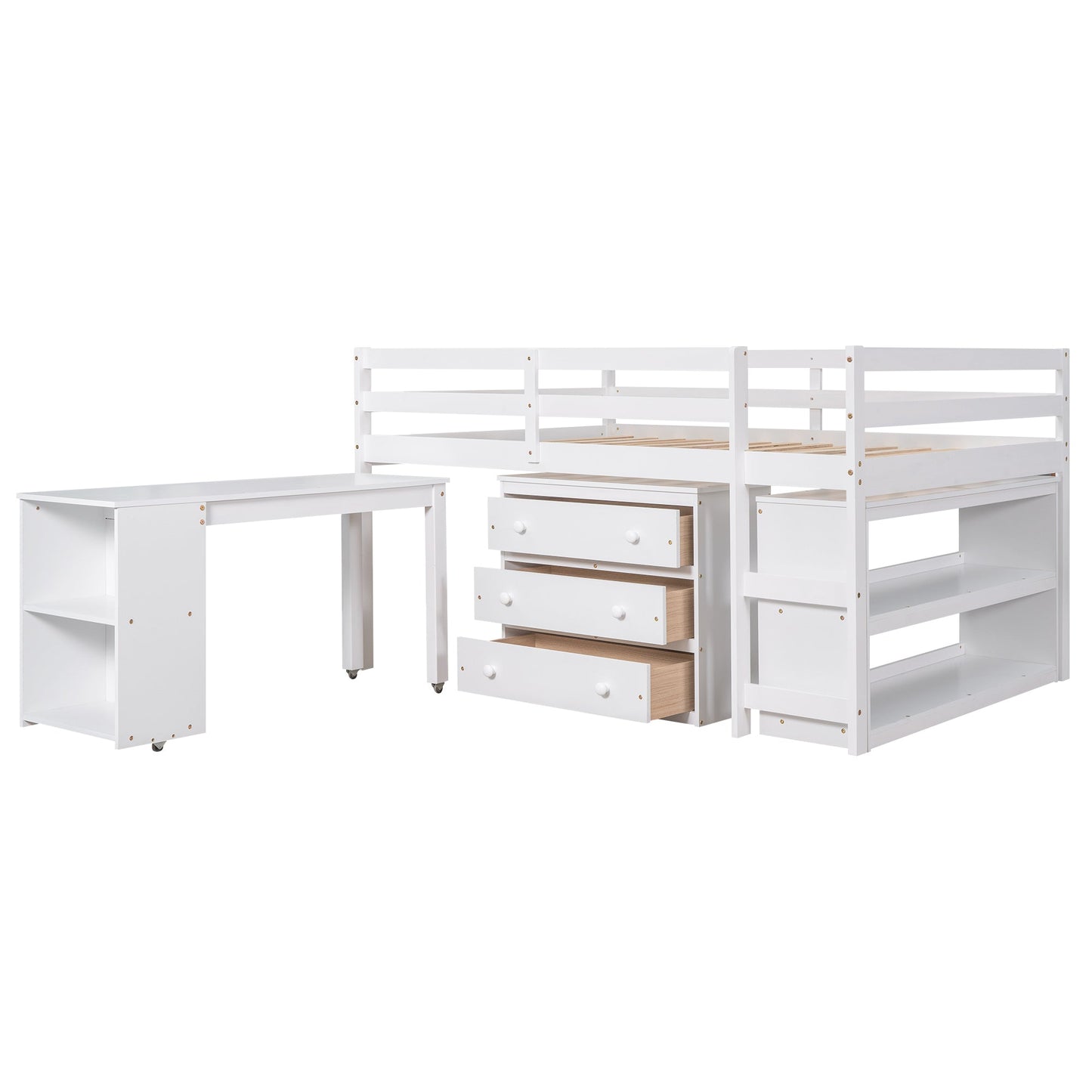 Low Study Full Loft Bed with Cabinet Shelves and Rolling Portable Desk Multiple Functions Bed- White - Korvel