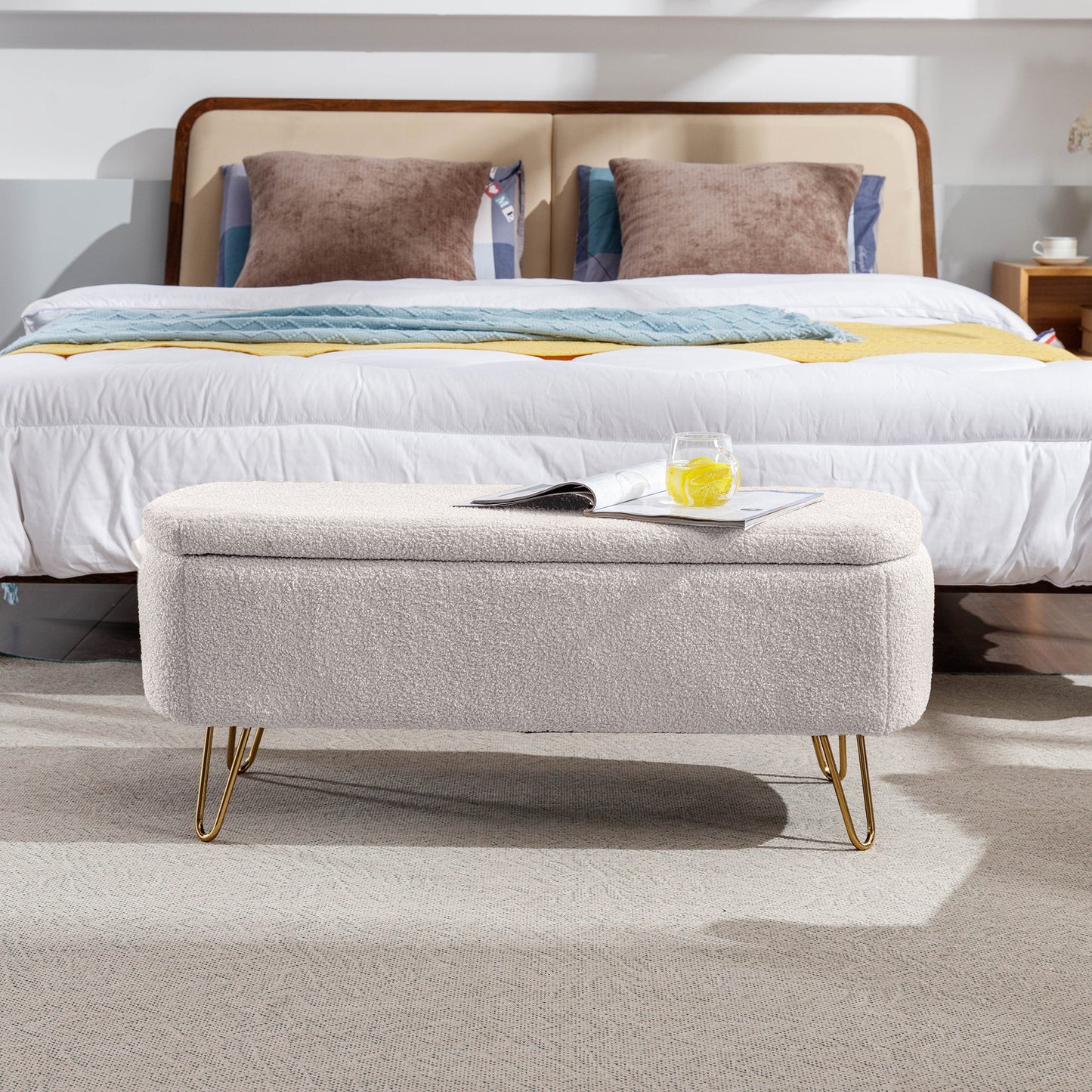 Ivory White Storage Ottoman Bench with Gold Legs