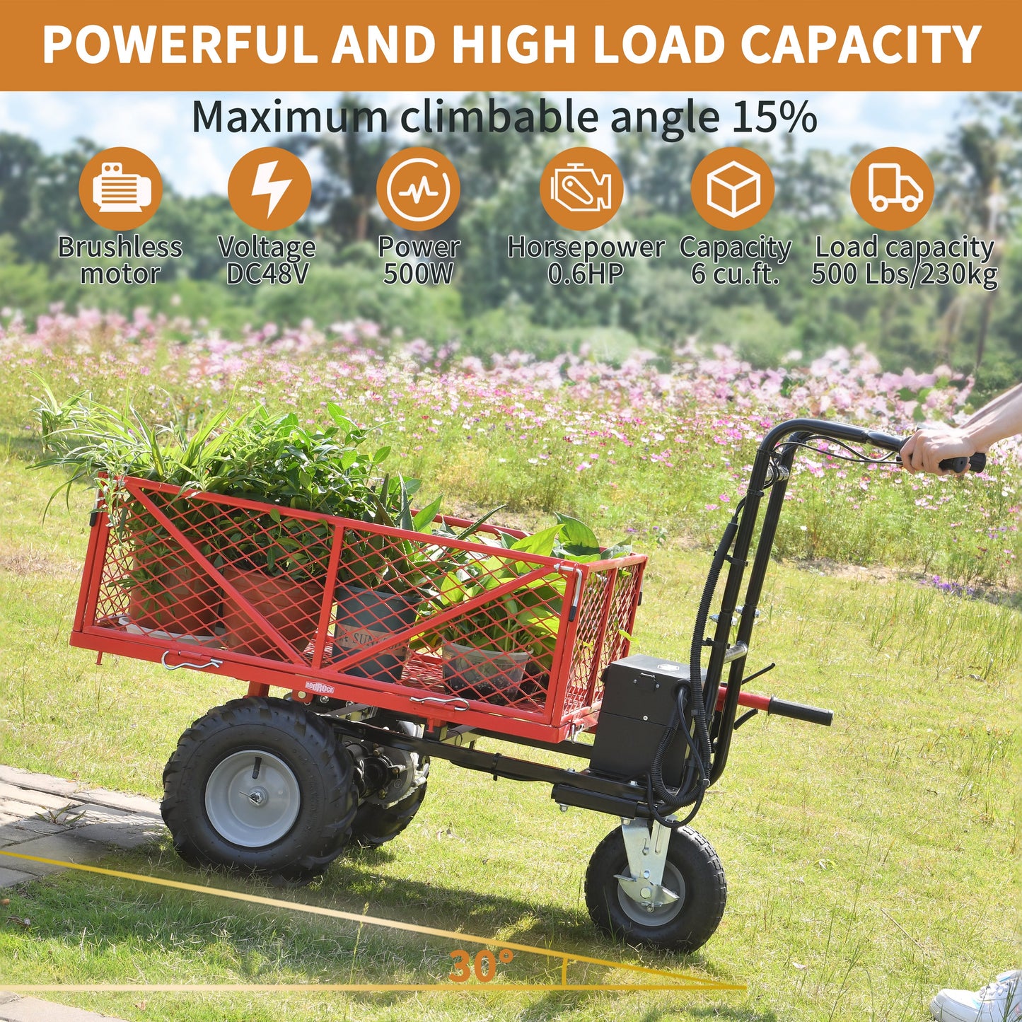 Wheelbarrow Utility Cart Electric Powered Cart 48V28Ah 500W Capacity 500lbs (230kg) Material Hauler 1000lbs Towing - Korvel