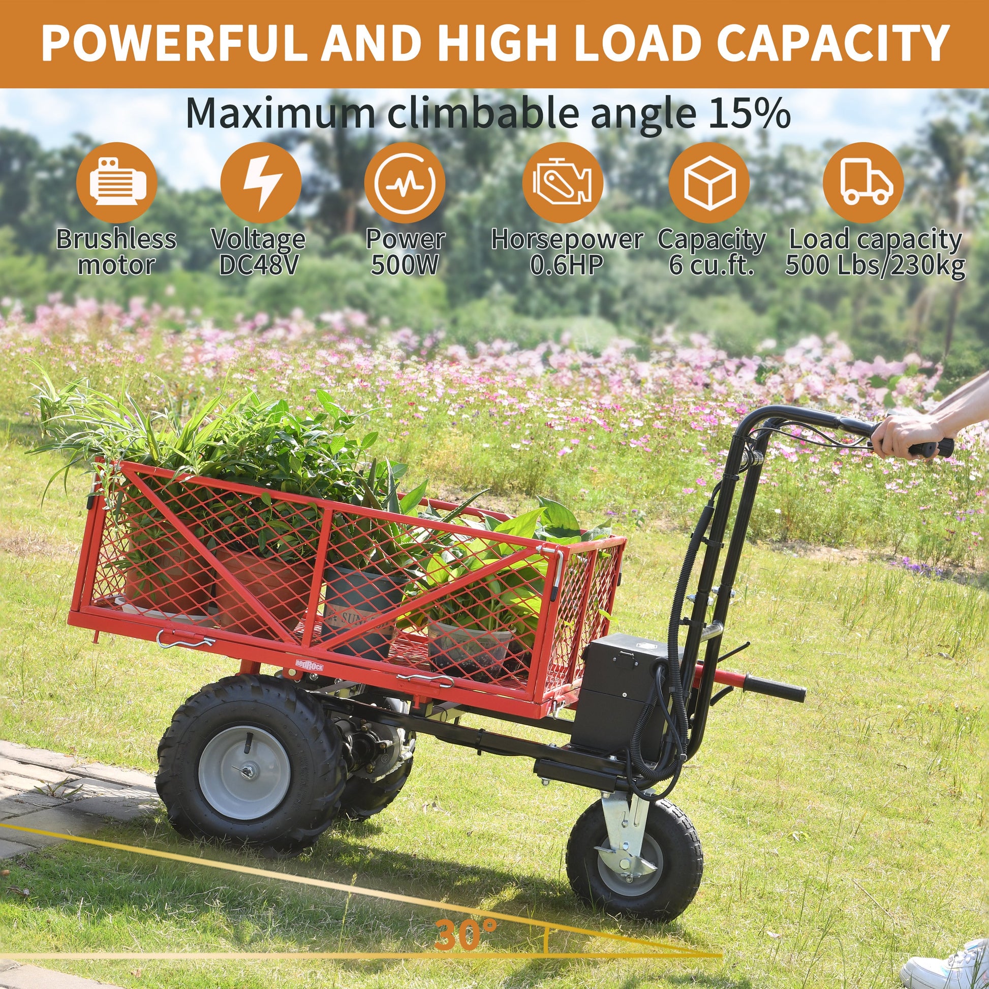 Wheelbarrow Utility Cart Electric Powered Cart 48V28Ah 500W Capacity 500lbs (230kg) Material Hauler 1000lbs Towing - Korvel