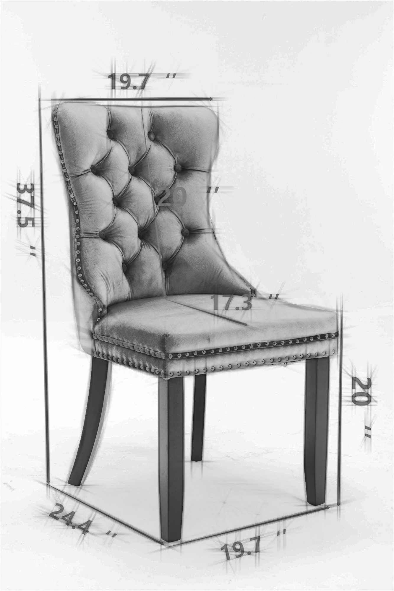 Tufted solid wood velvet cushioned dining chair, gold-plated stainless steel nail leg heads, 2 pieces in gray and gold - Korvel