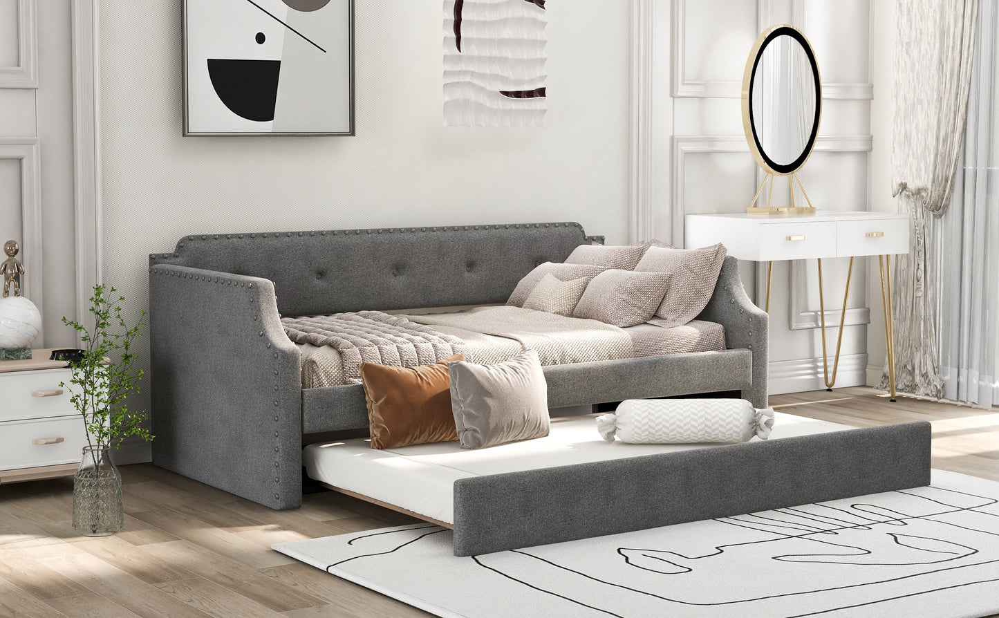 Upholstered Daybed with Trundle, Wood Slat Support,Upholstered Frame Sofa Bed   Twin Gray - Korvel
