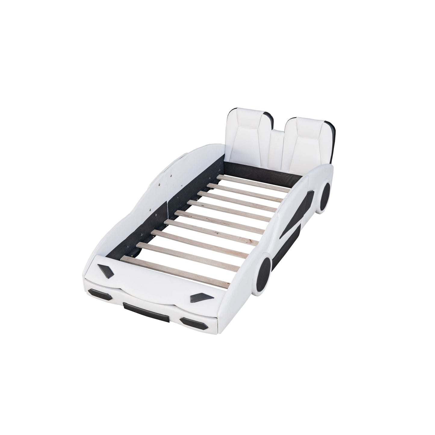 Twin Size Race Car Platform Bed with Wheels - White