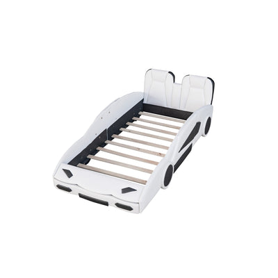Twin Size Race Car Platform Bed with Wheels - White