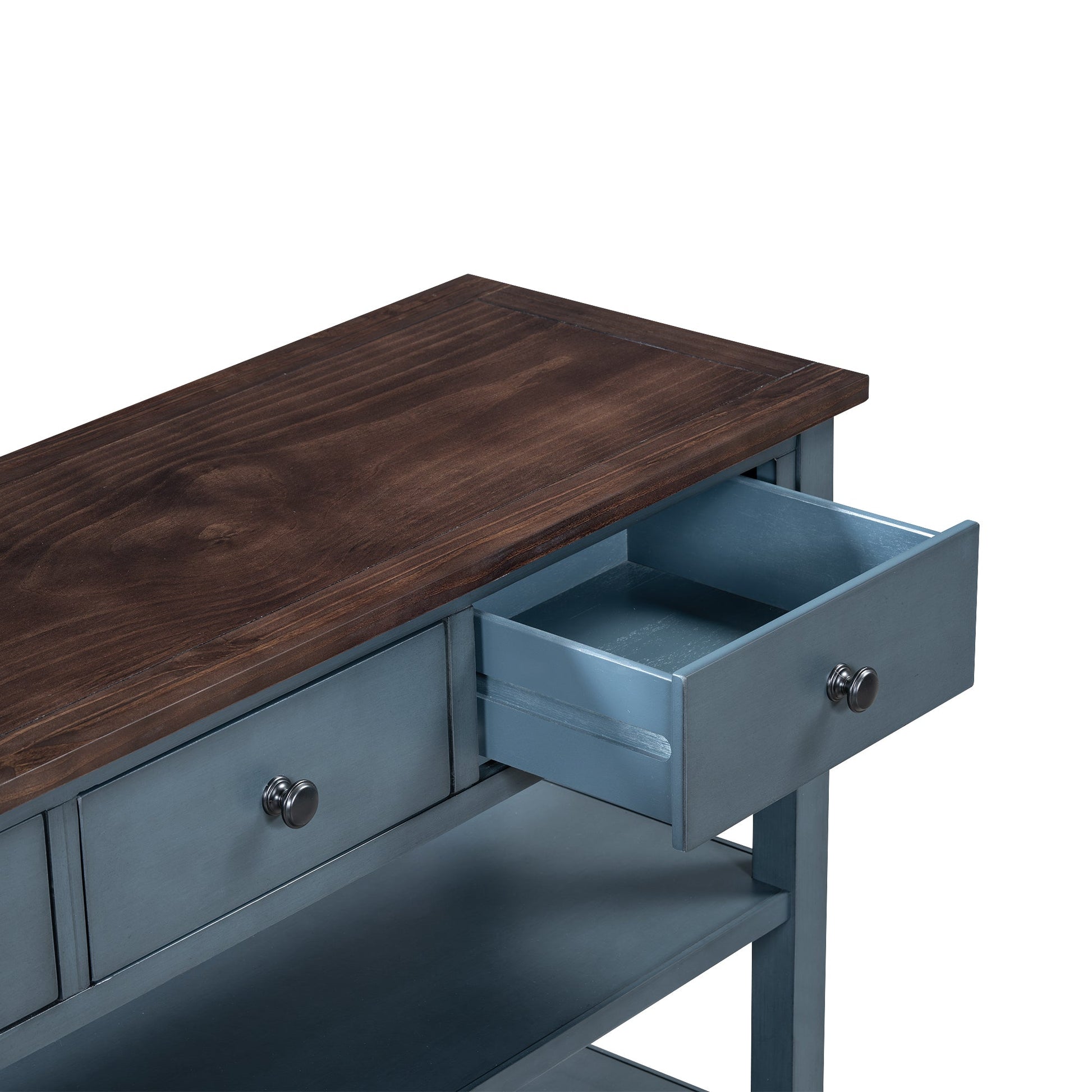Retro Design Console Table with Two Open Shelves, Pine Solid Wood Frame and Legs for Living Room (Antique Navy+Espresso) - Korvel