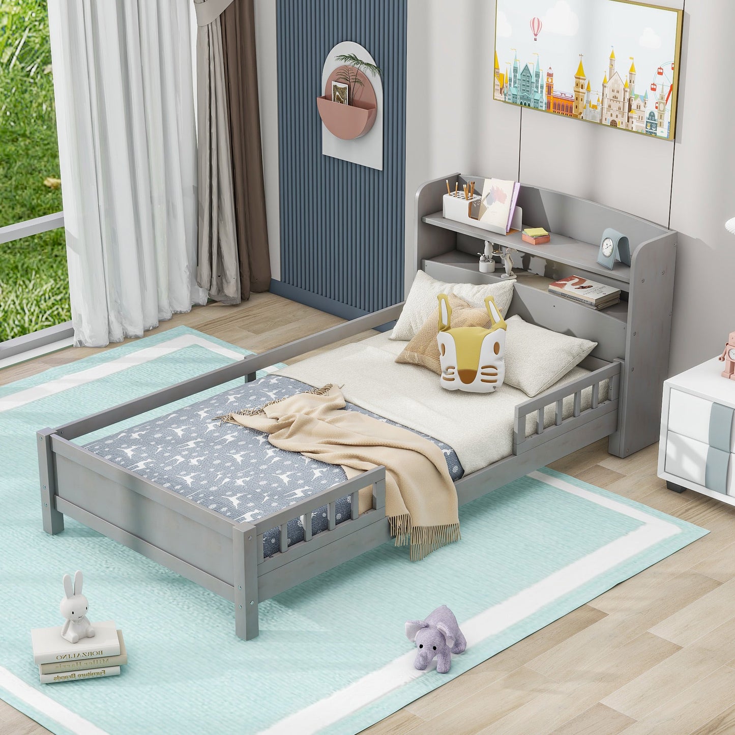Wood Twin Size Platform Bed with Built-in LED Light  Storage Headboard and Guardrail Antique Grey - Korvel