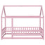 Twin Size Floor Wooden Bed with House Roof Frame, Fence Guardrails,Pink - Korvel