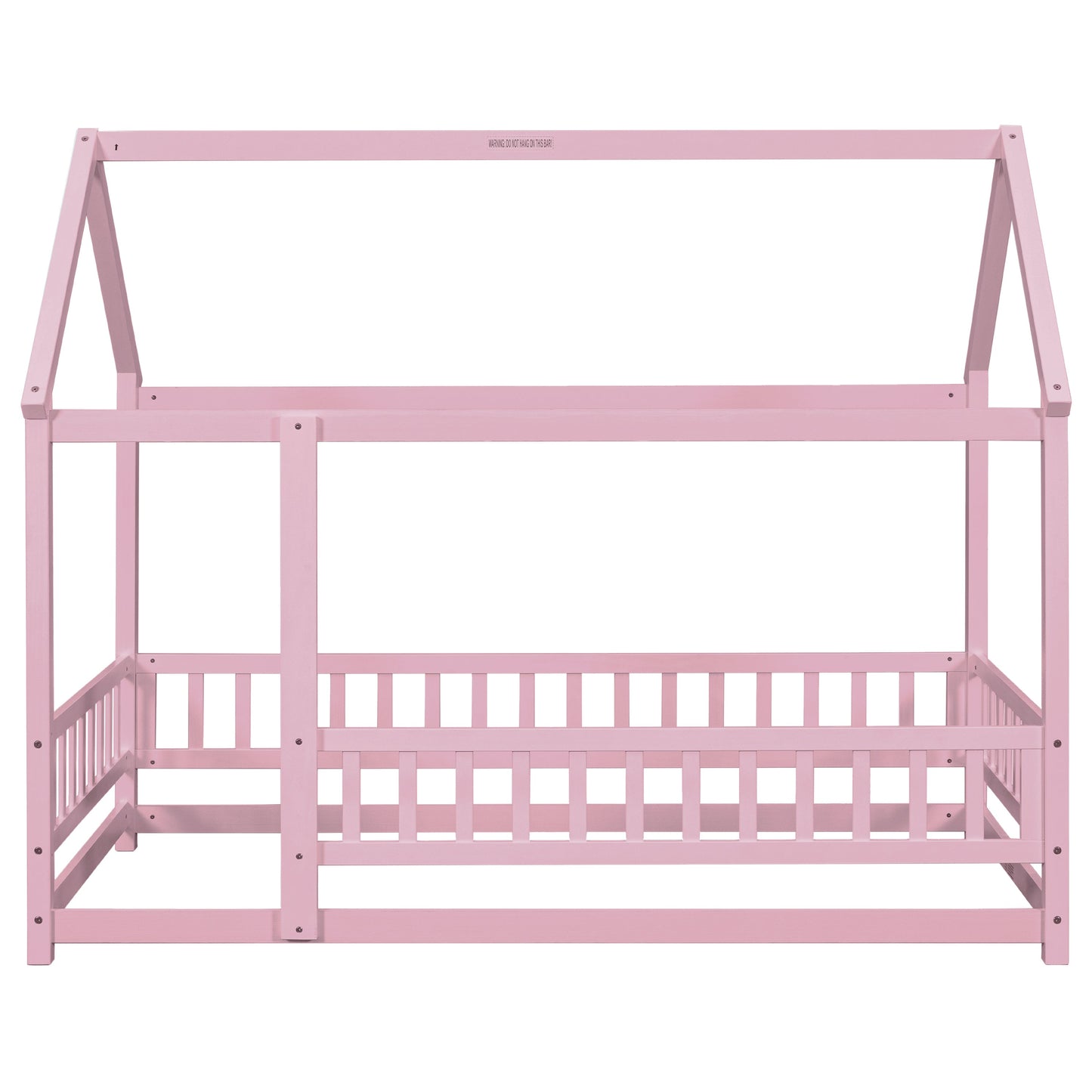 Twin Size Floor Wooden Bed with House Roof Frame, Fence Guardrails,Pink - Korvel