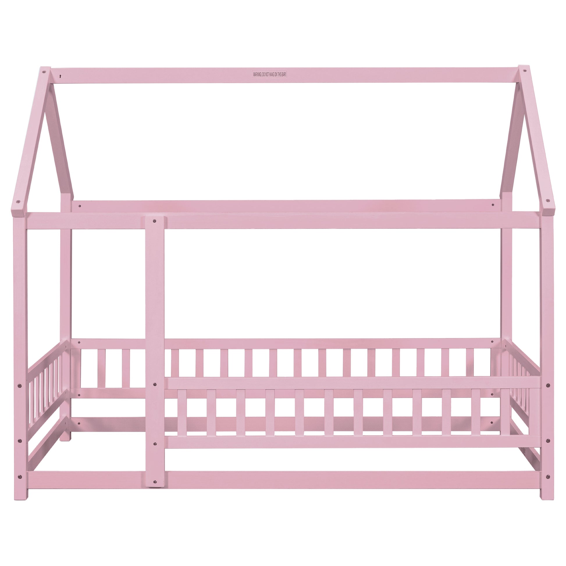 Twin Size Floor Wooden Bed with House Roof Frame, Fence Guardrails,Pink - Korvel