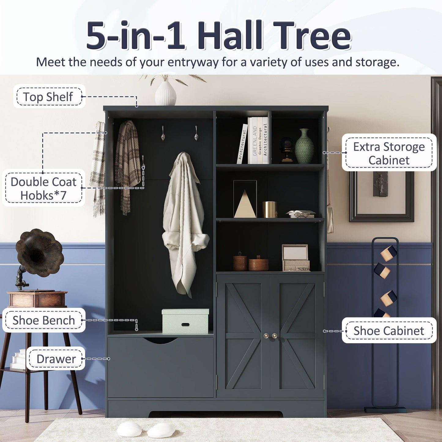 Armoire d'entrée élégante et multifonctionnelle avec rangement en bleu antique