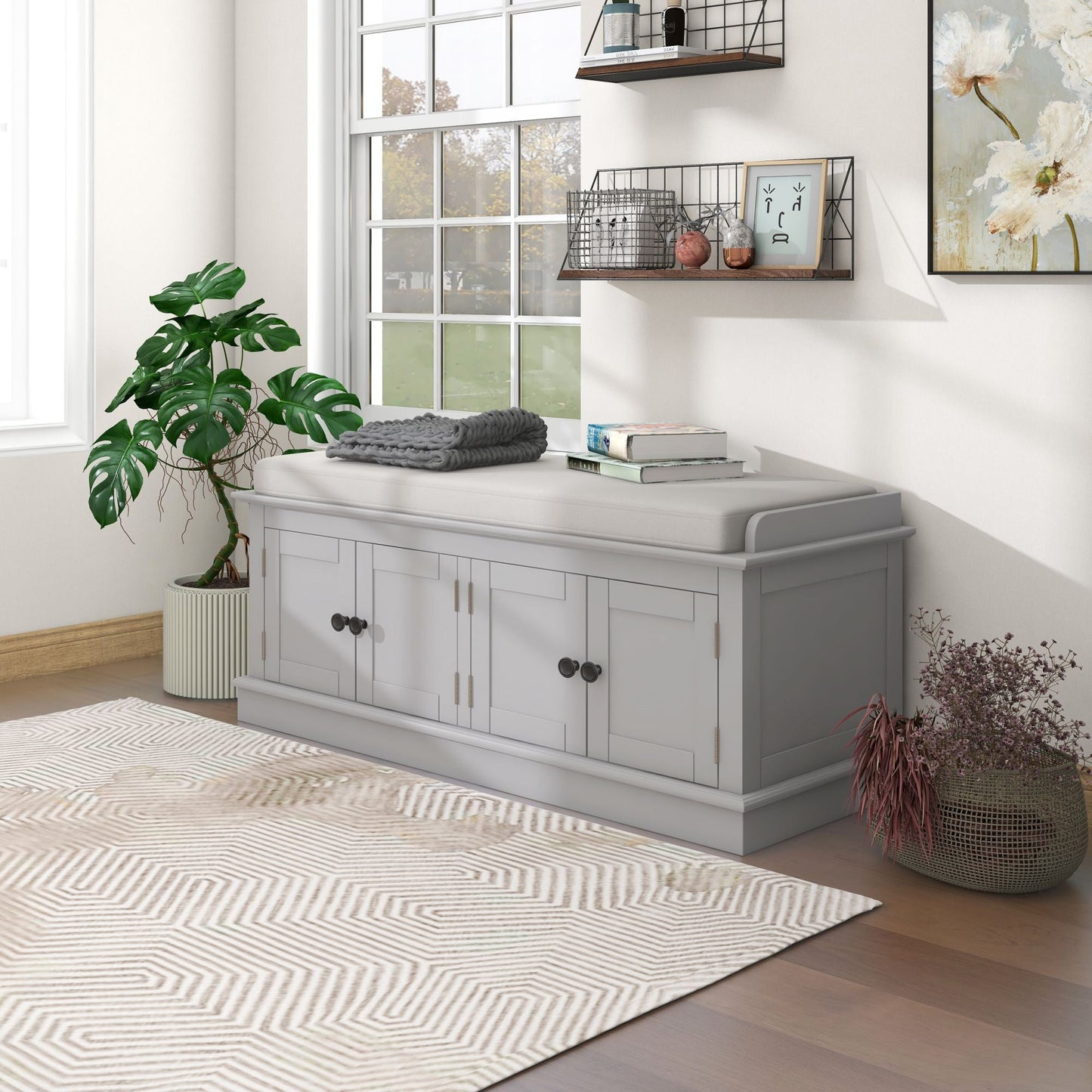 TREXM storage table with 4 doors and adjustable shelves and detachable cushioned shoe stand(Gray Wash) - Korvel
