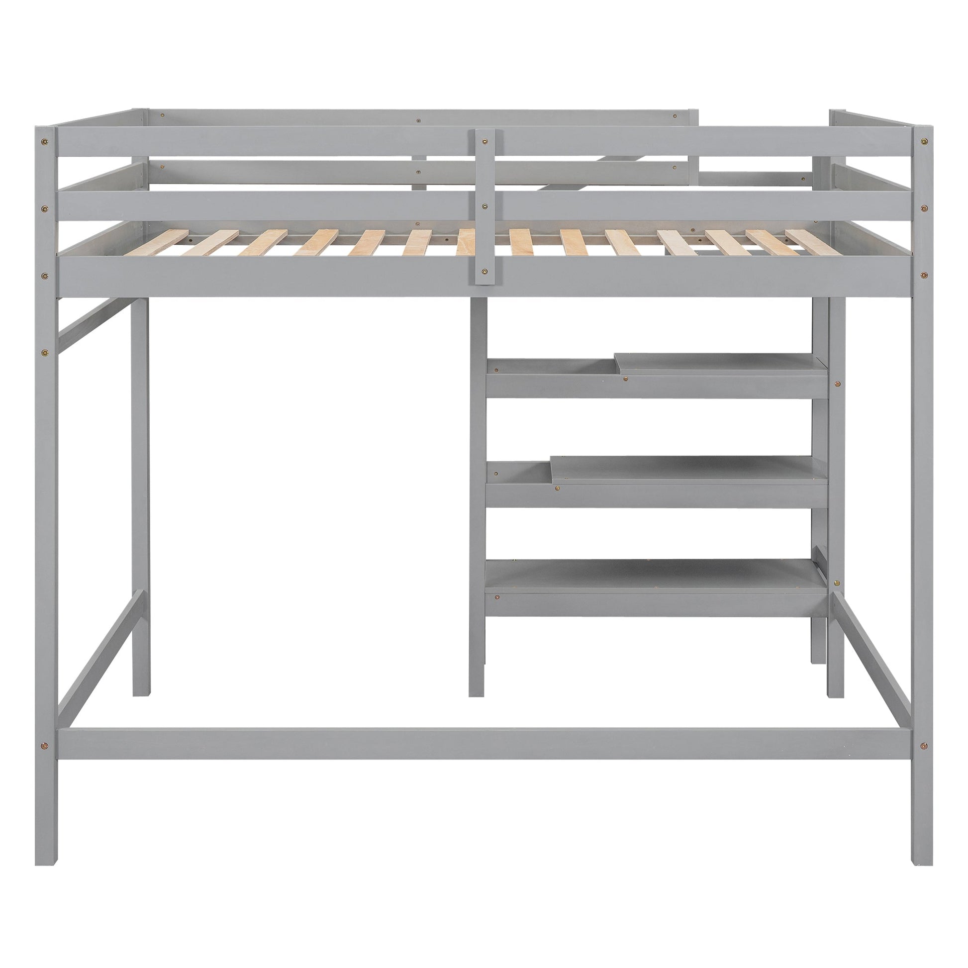 Full Size Loft Bed with Built-in Storage Staircase and Hanger for Clothes, Gray - Korvel