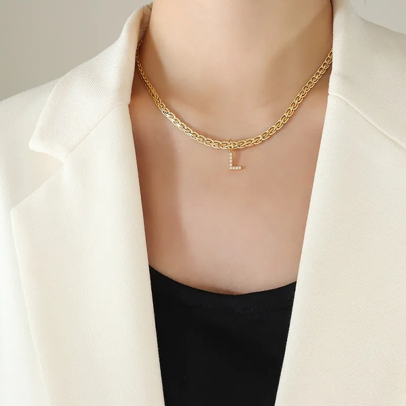 Brass Inlaid Zircon Letter Pendant Necklace - Korvel