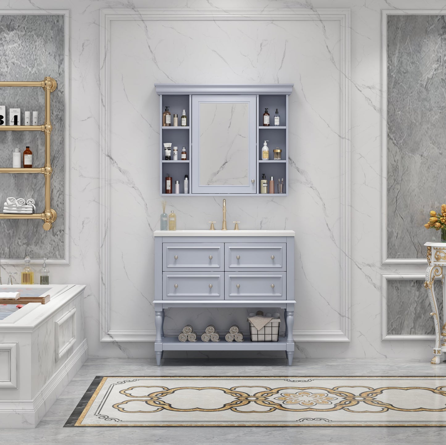 36'' Bathroom Vanity with Medicine Cabinet, Modern Mirror Cabinet with Adjustable Shelf, Bathroom Storage Cabinet with 4 Drawers - Korvel