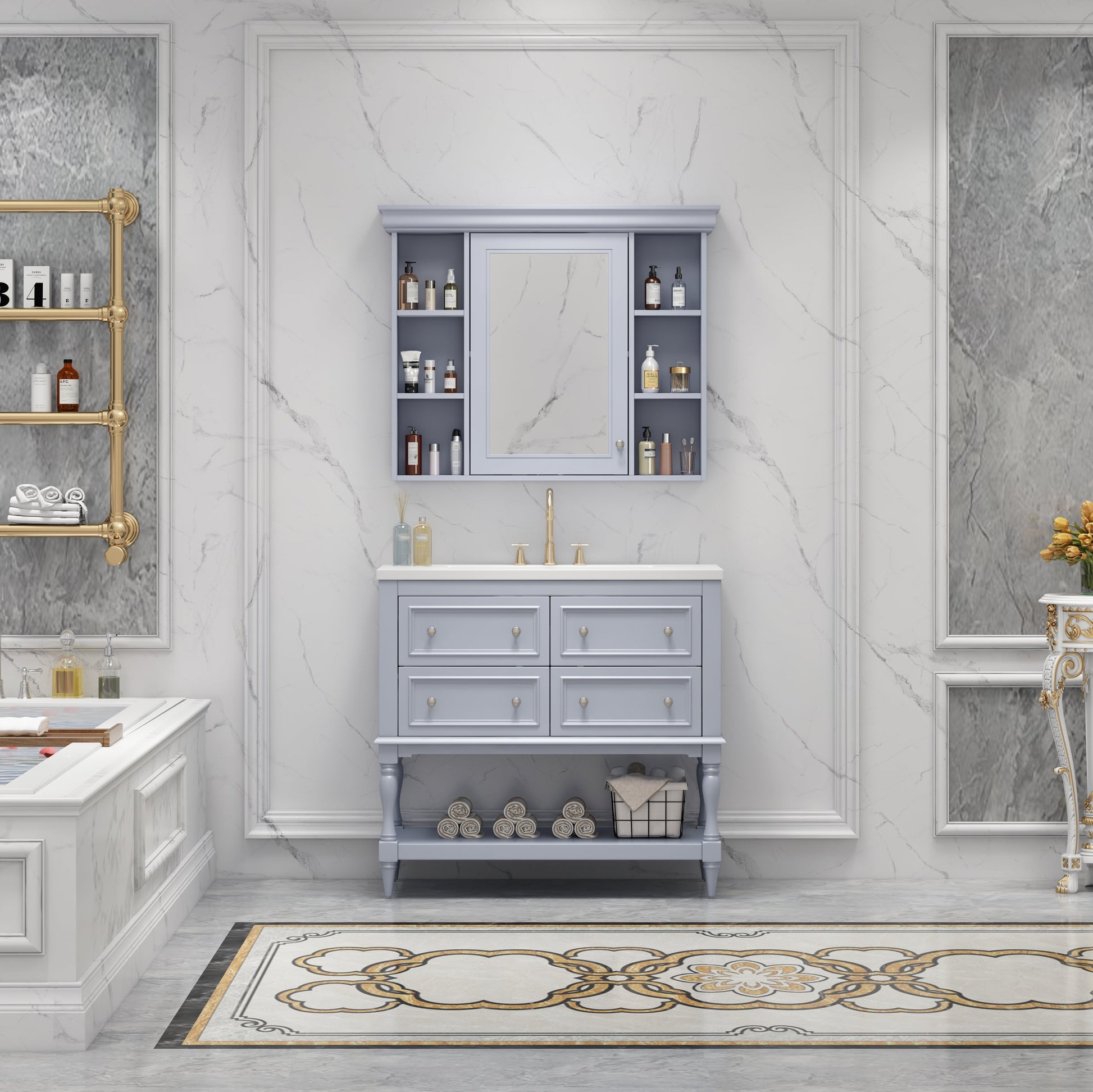 36'' Bathroom Vanity with Medicine Cabinet, Modern Mirror Cabinet with Adjustable Shelf, Bathroom Storage Cabinet with 4 Drawers - Korvel