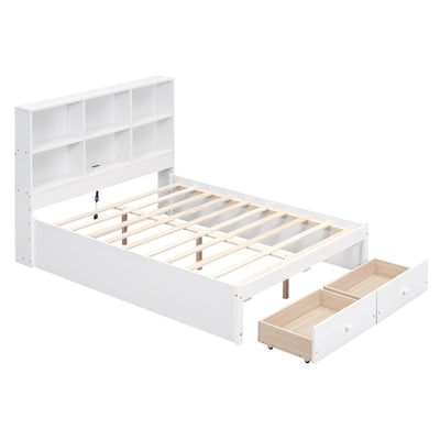 Full Size Platform Bed with Storage Headboard, Charging Station and 2 Drawers White - Korvel