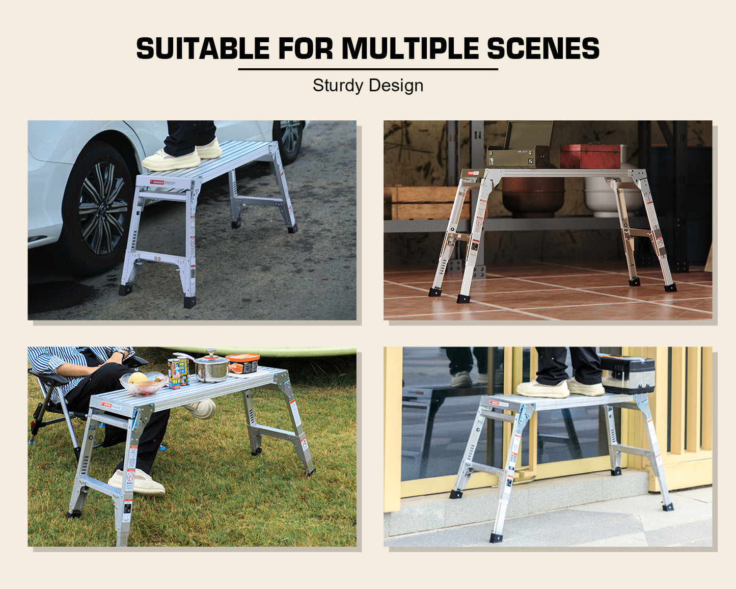 Aluminum Work Platform Large Size Step Stool Folding Portable Work Bench 40" Width Telescopic Feet 22" -27.5" Height Adjustable - Korvel