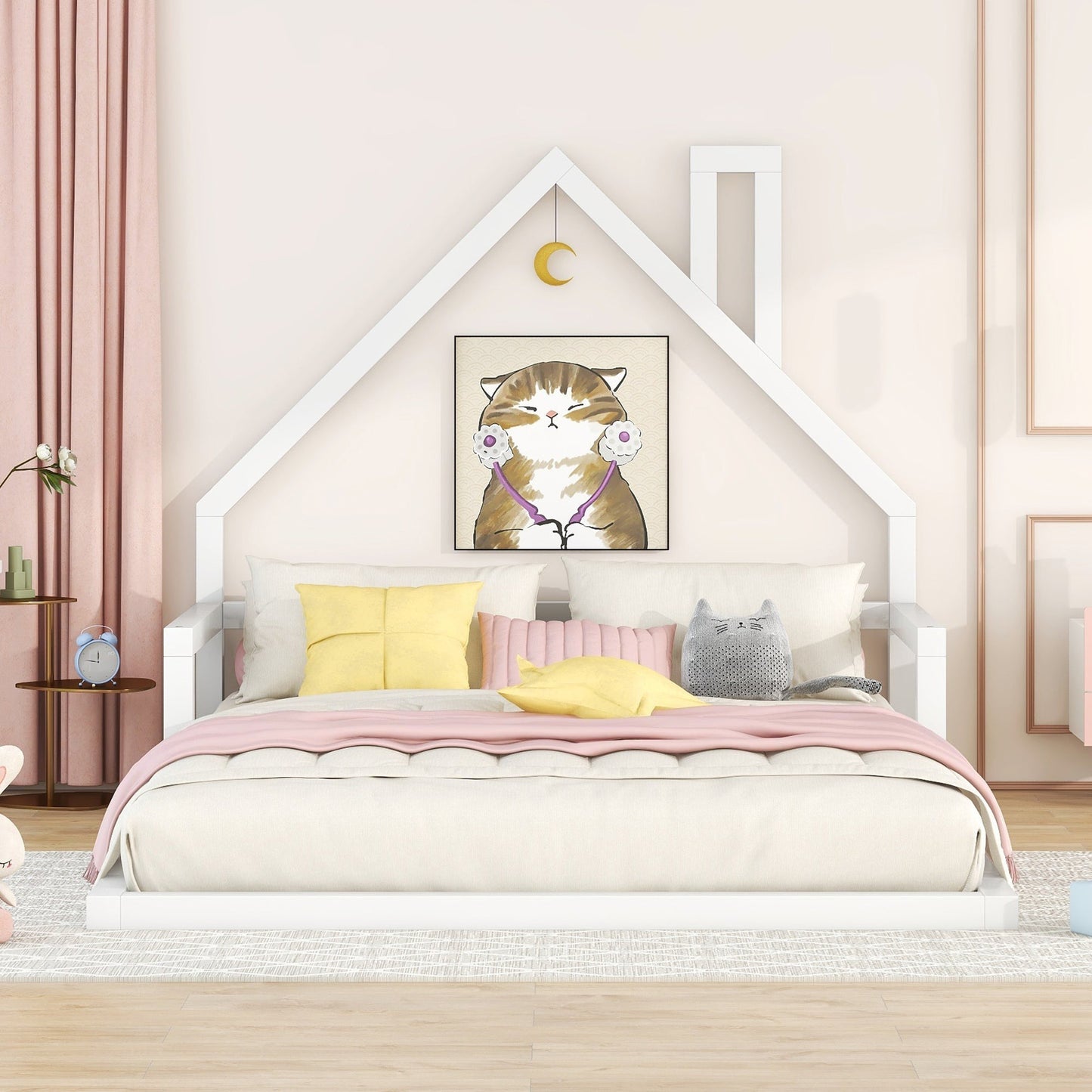 Full Size Wood Floor Bed with House-shaped Headboard  White - Korvel