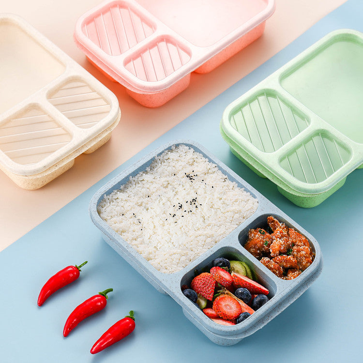 Microwaveable rectangular wheat straw compartment lunch box fresh-keeping lunch box - Korvel