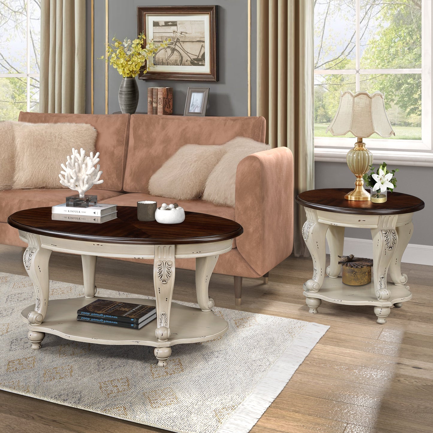 42 inch oval wooden coffee table, 2-story solid wood cocktail table with open storage rack, antique white and cherry tabletop - Korvel
