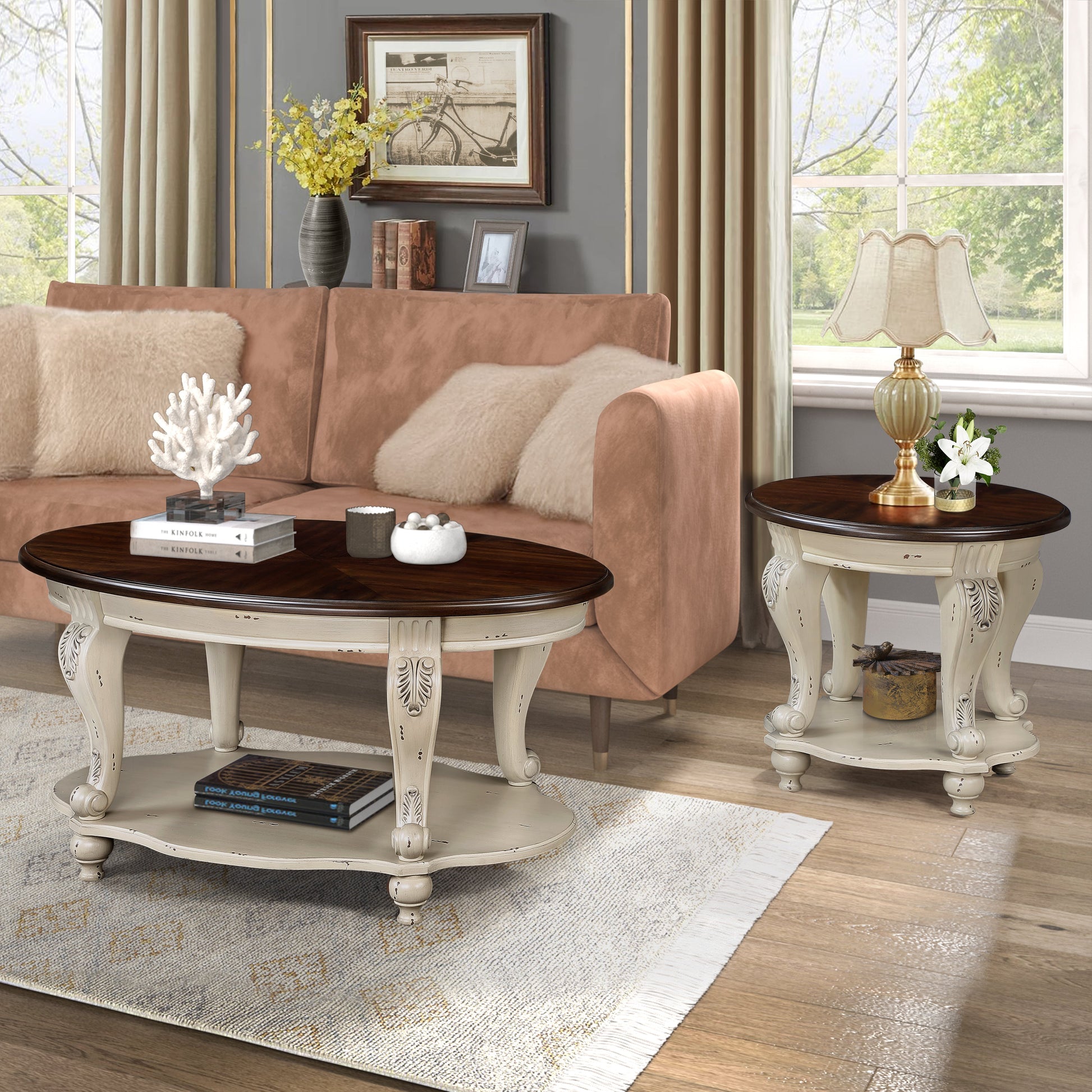 42 inch oval wooden coffee table, 2-story solid wood cocktail table with open storage rack, antique white and cherry tabletop - Korvel