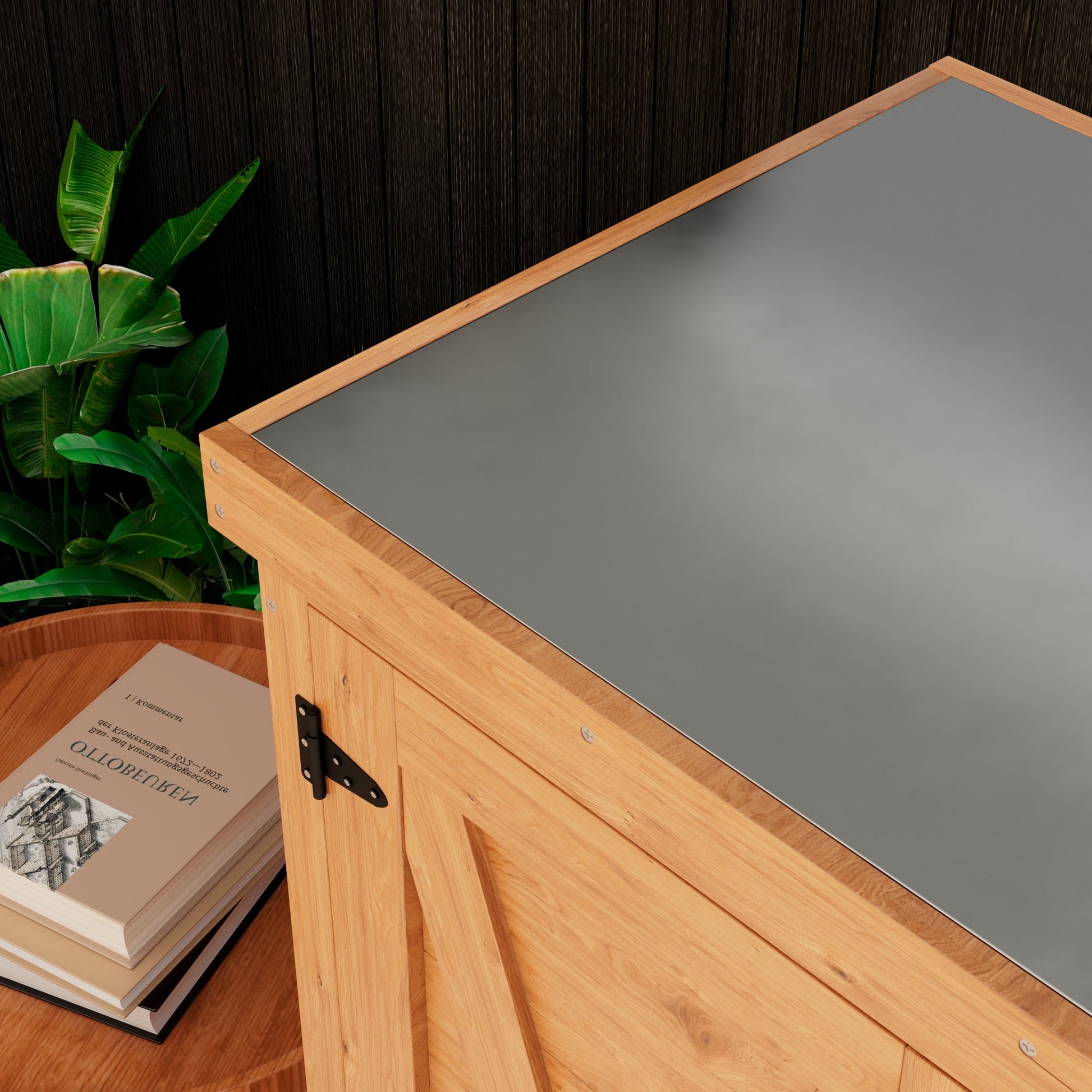 Potting Bench with Storage Cabinet and Metal Table Top for Outdoor Patio,Outdoor Work Station Table - Korvel