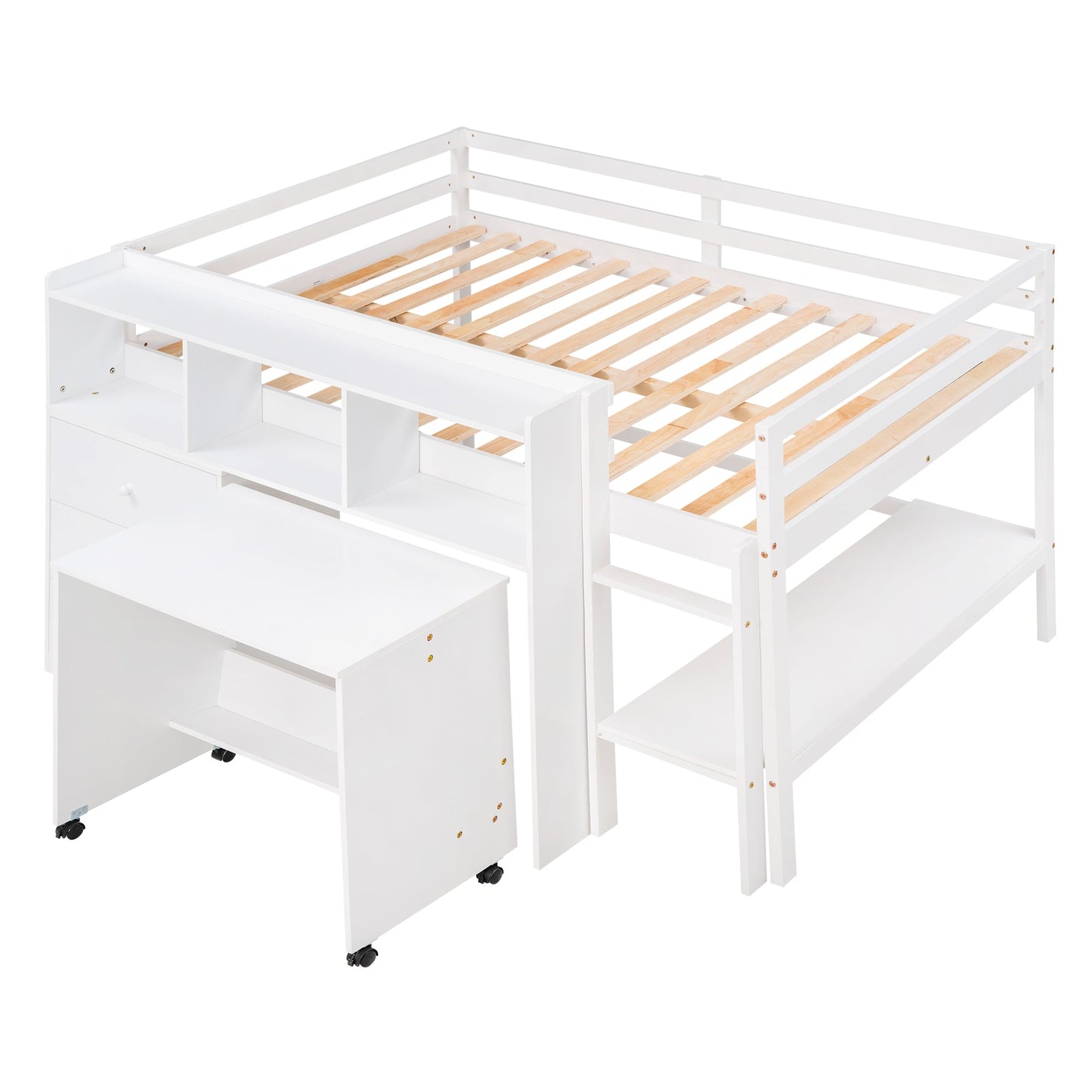Full Size Low Loft Bed with Rolling Portable Desk, Drawers and Shelves, White - Korvel