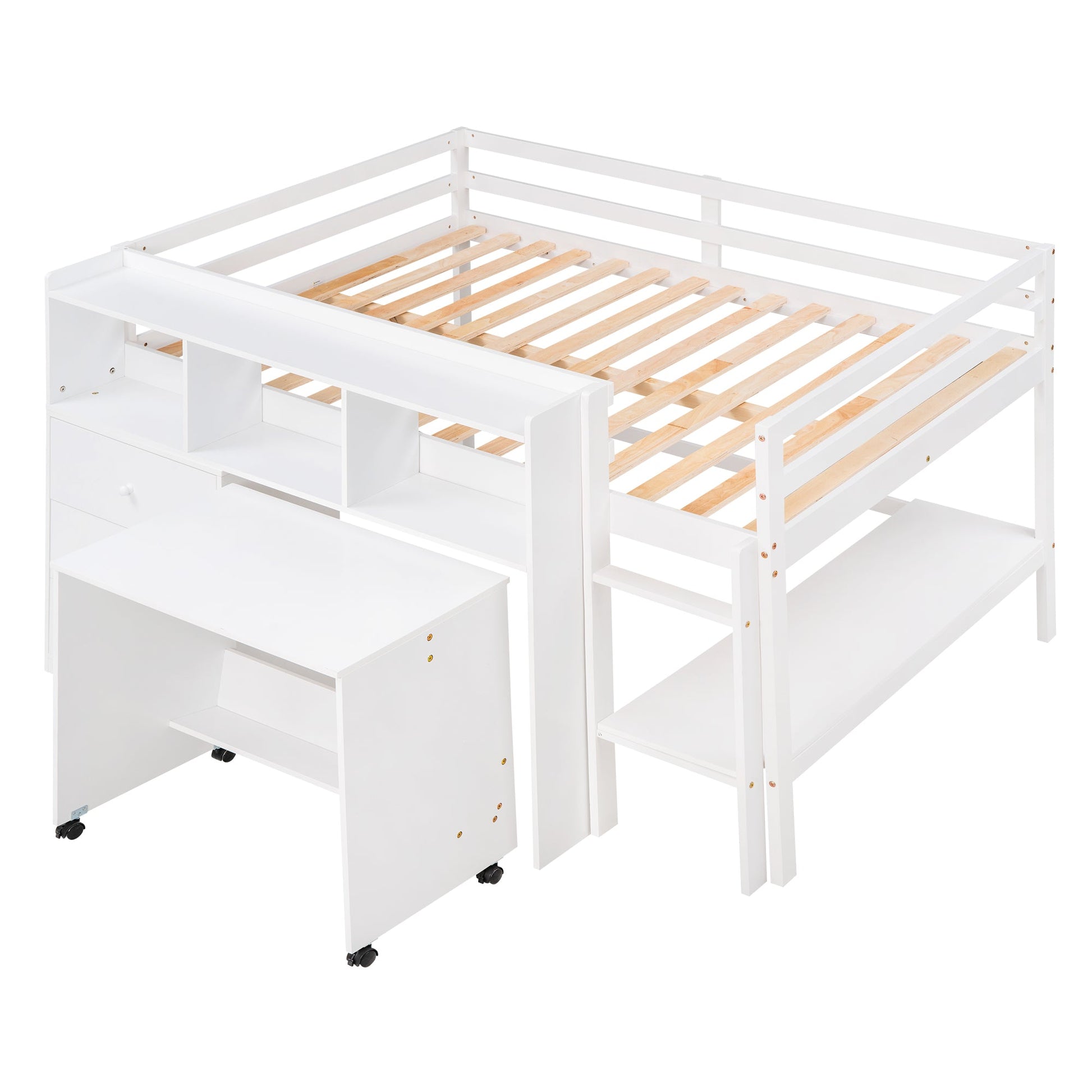 Full Size Low Loft Bed with Rolling Portable Desk, Drawers and Shelves, White - Korvel