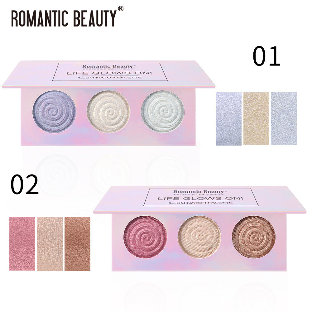 Romantic Beauty Tri-Color Baked Powder Highlighter Palette Pearl Glitter Highlighter Palette - Korvel