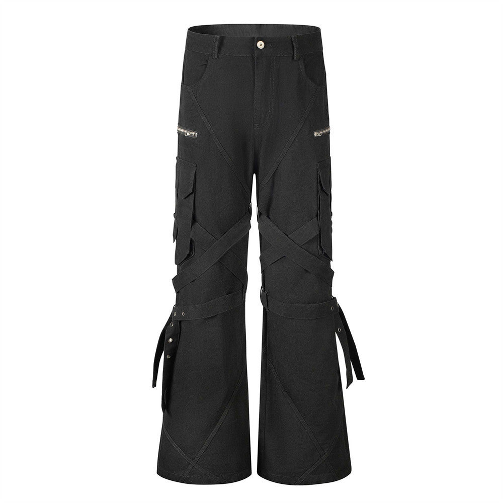 High Street Style Multi-Pocket Workwear Flared Trousers with Belt Design for Men - Korvel